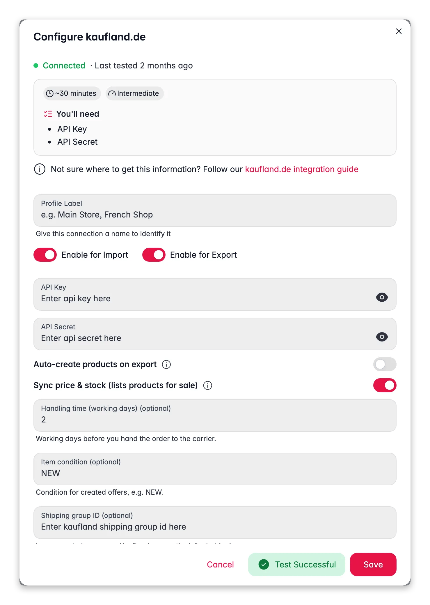 Connecting Kaufland.de to WISEPIM, credentials, locale mapping and a live connection test