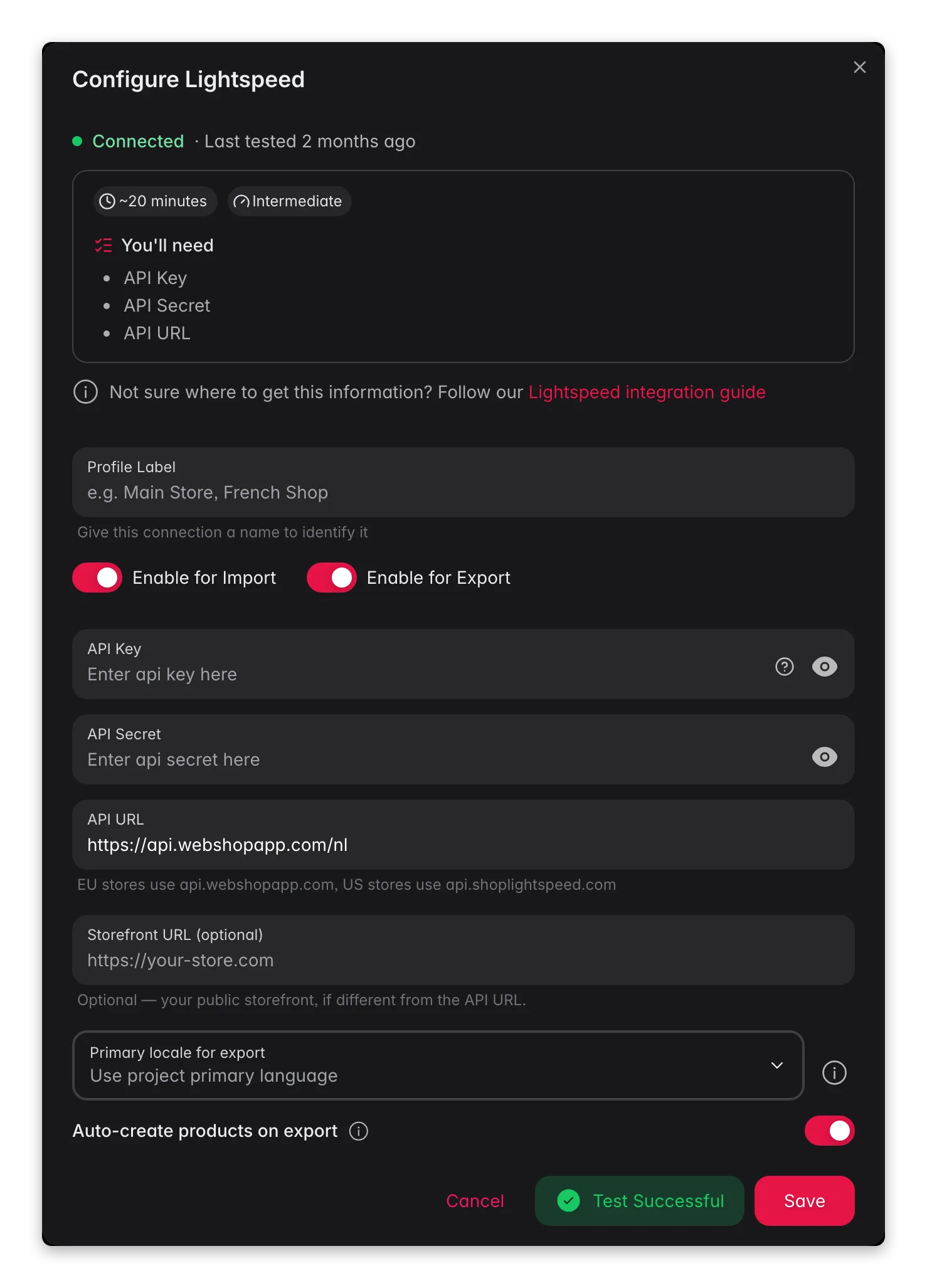 Connecting Lightspeed (C-Series) to WISEPIM, credentials, locale mapping and a live connection test