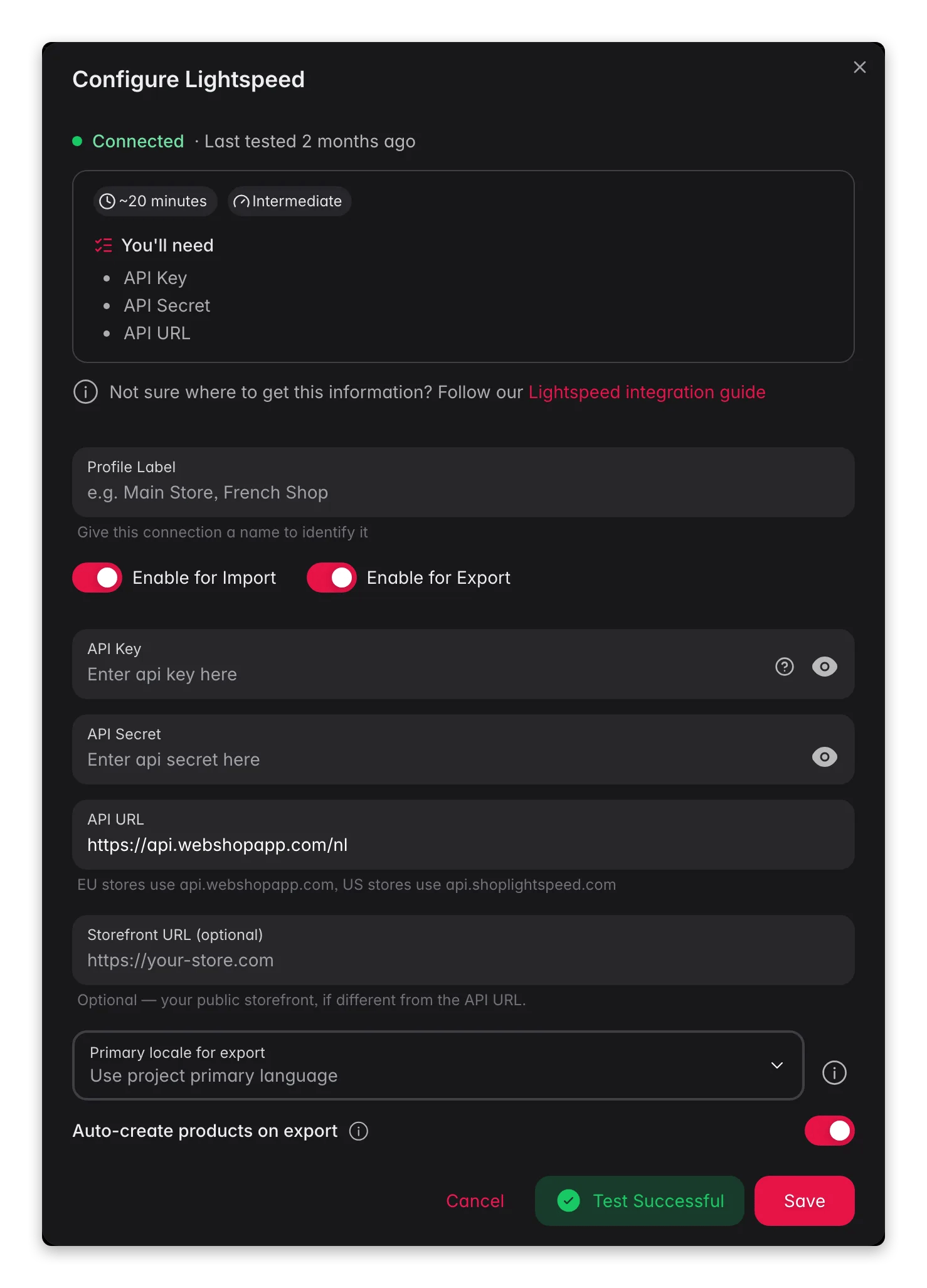 Connecting Lightspeed (C-Series) to WISEPIM, credentials, locale mapping and a live connection test