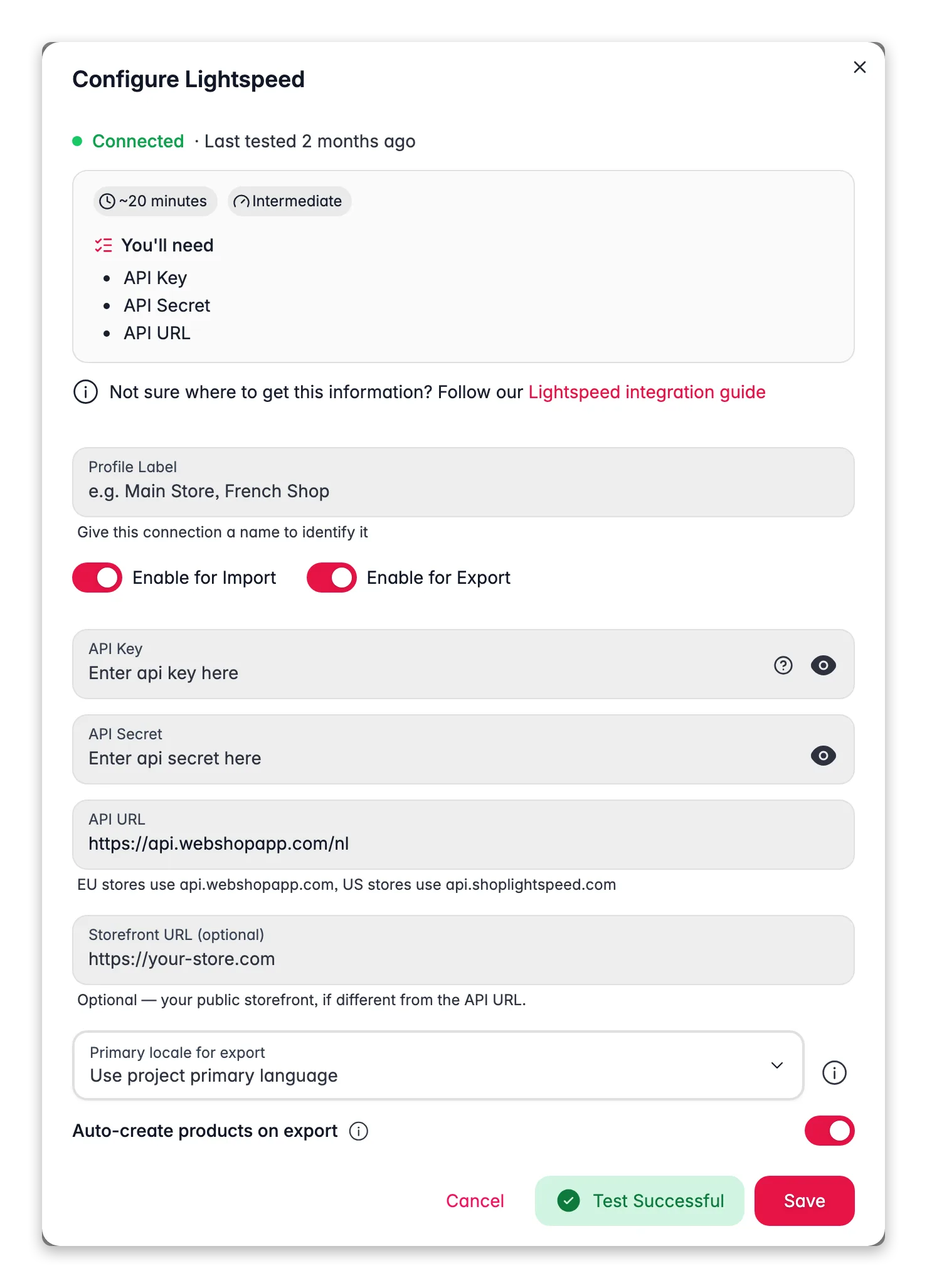 Connecting Lightspeed (C-Series) to WISEPIM, credentials, locale mapping and a live connection test