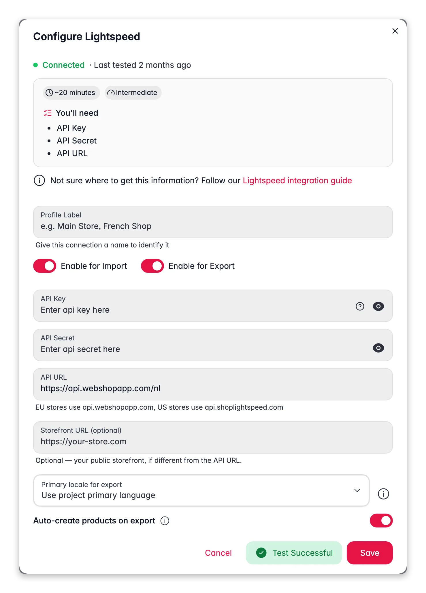 Connecting Lightspeed (C-Series) to WISEPIM, credentials, locale mapping and a live connection test