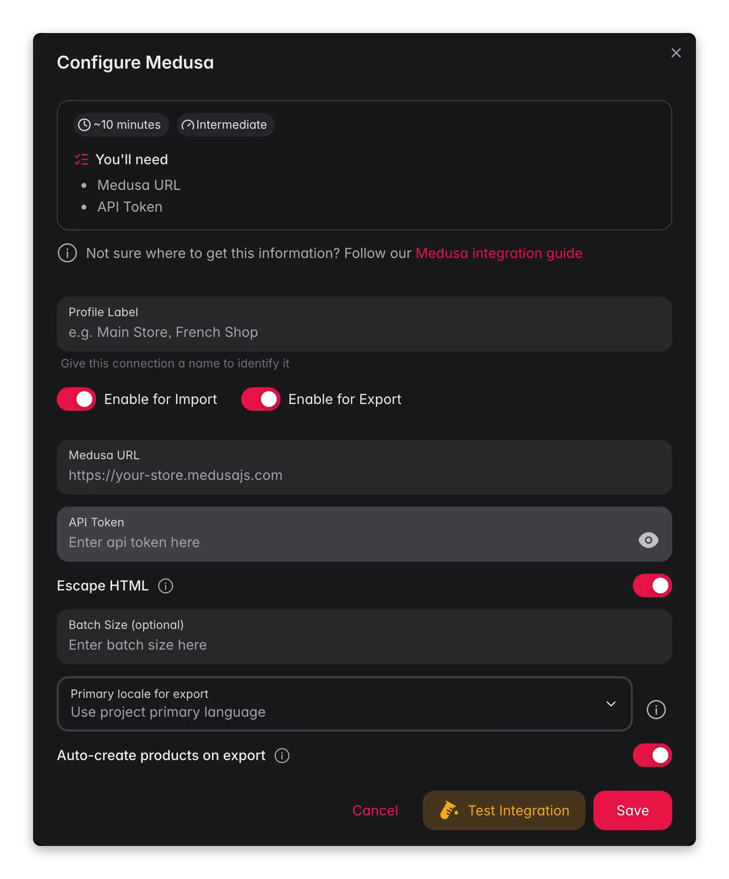 Connecting Medusa to WISEPIM, store URL, API token, locale mapping and a live connection test