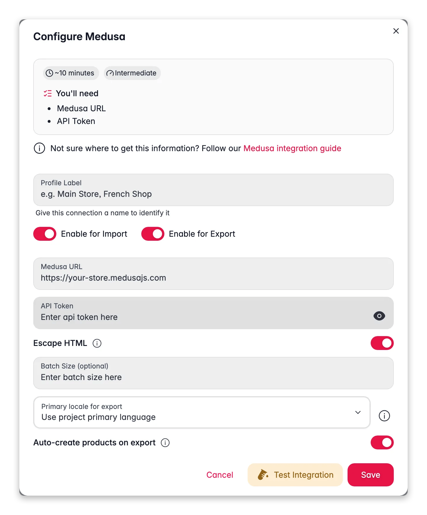 Connecting Medusa to WISEPIM, store URL, API token, locale mapping and a live connection test