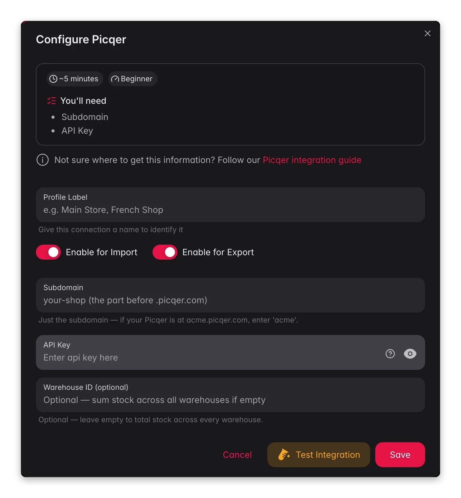 Connecting Picqer to WISEPIM, subdomain, API key, warehouse ID and a live connection test