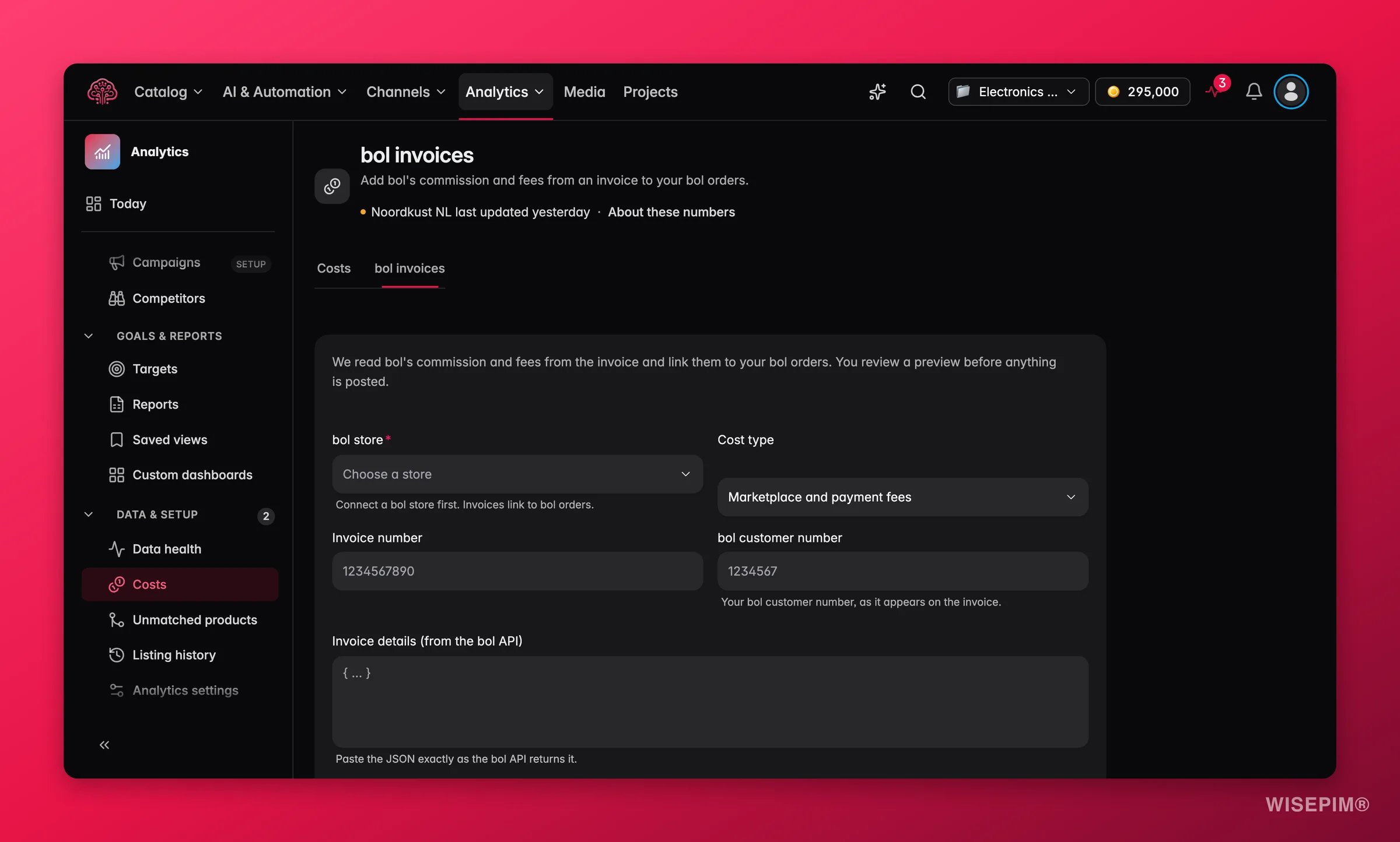 WISEPIM bol invoices tab with the invoice form, the reviewed invoice lines and the invoice check
