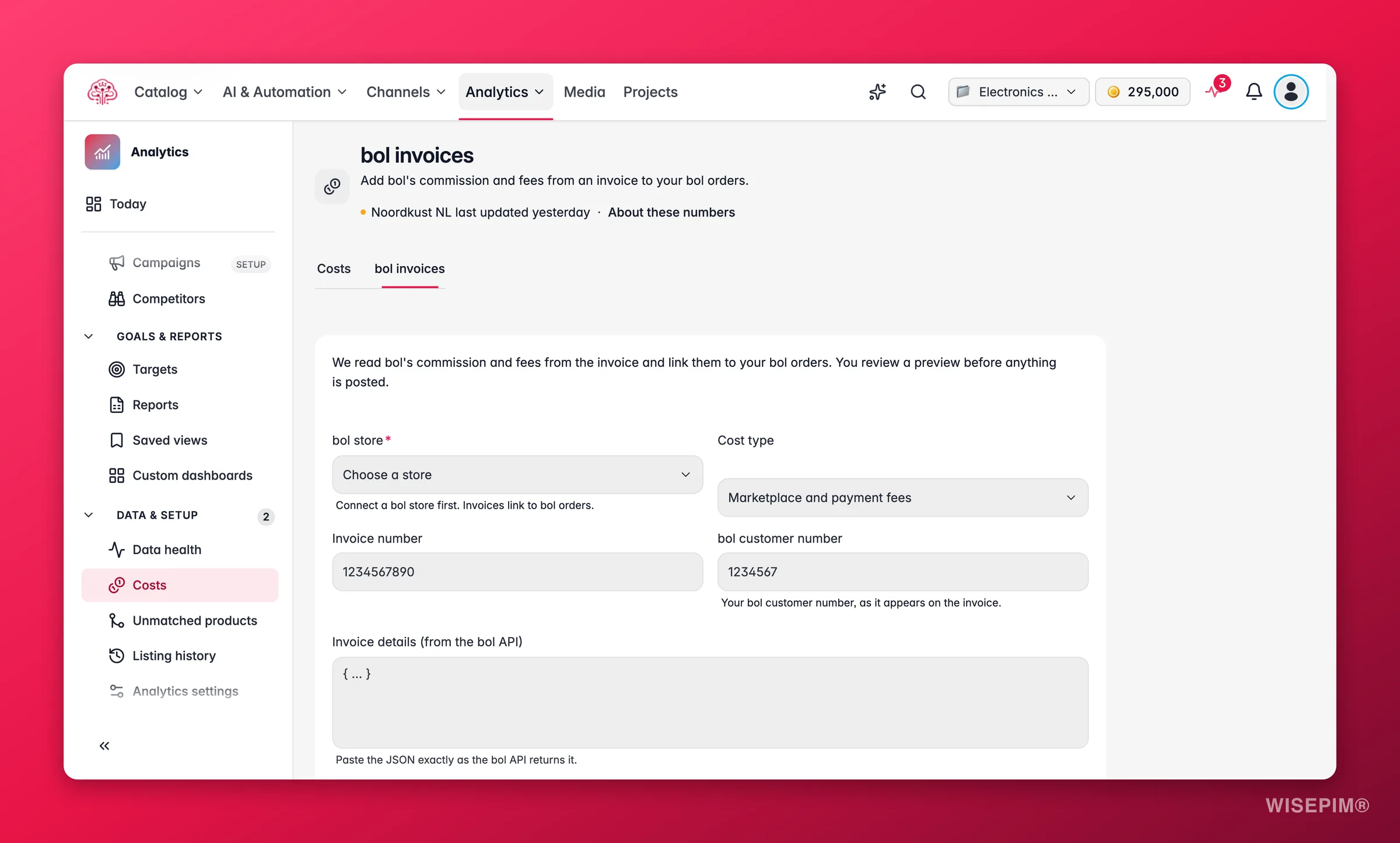 WISEPIM Tab bol-Rechnungen mit dem Rechnungsformular, den geprüften Rechnungszeilen und der Rechnungsprüfung