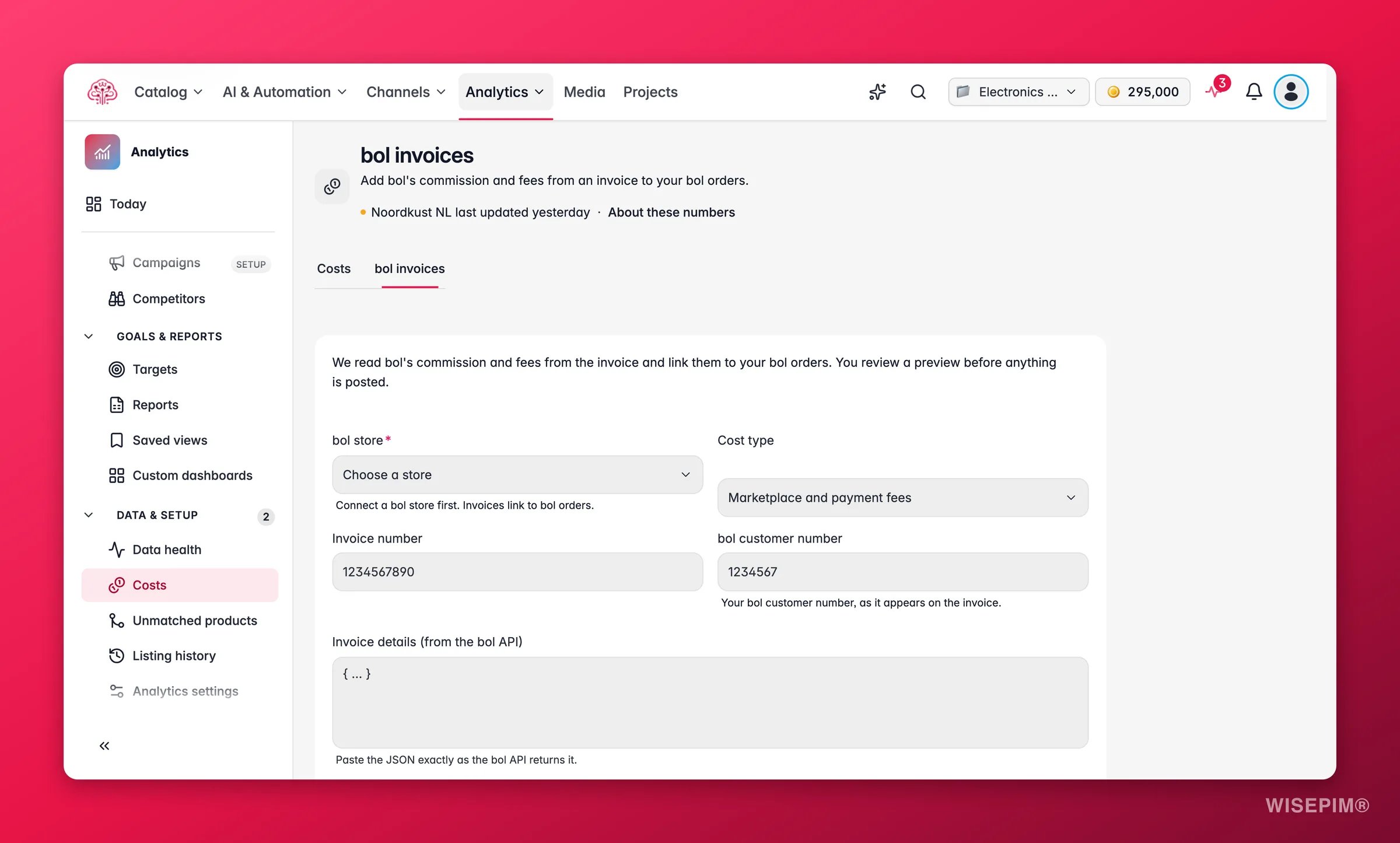 WISEPIM bol invoices tab with the invoice form, the reviewed invoice lines and the invoice check