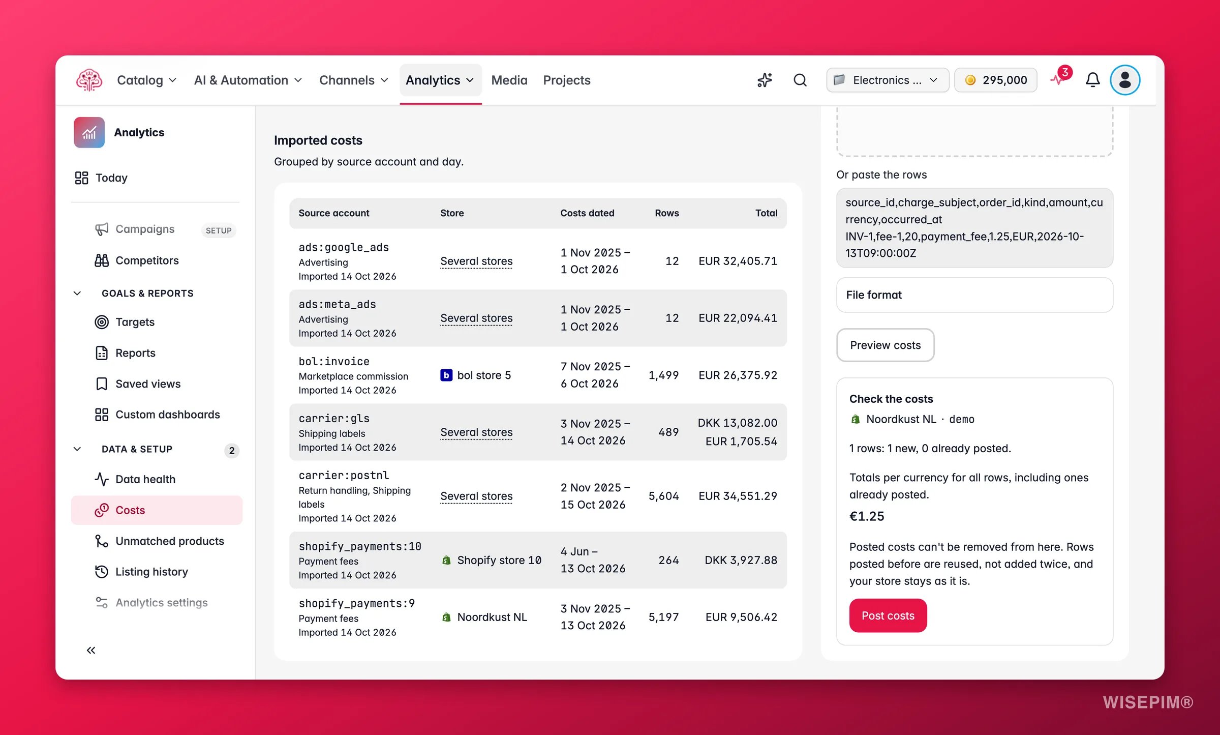 WISEPIM Costs page with cost coverage per store, products without a cost, imported cost batches and the cost file import