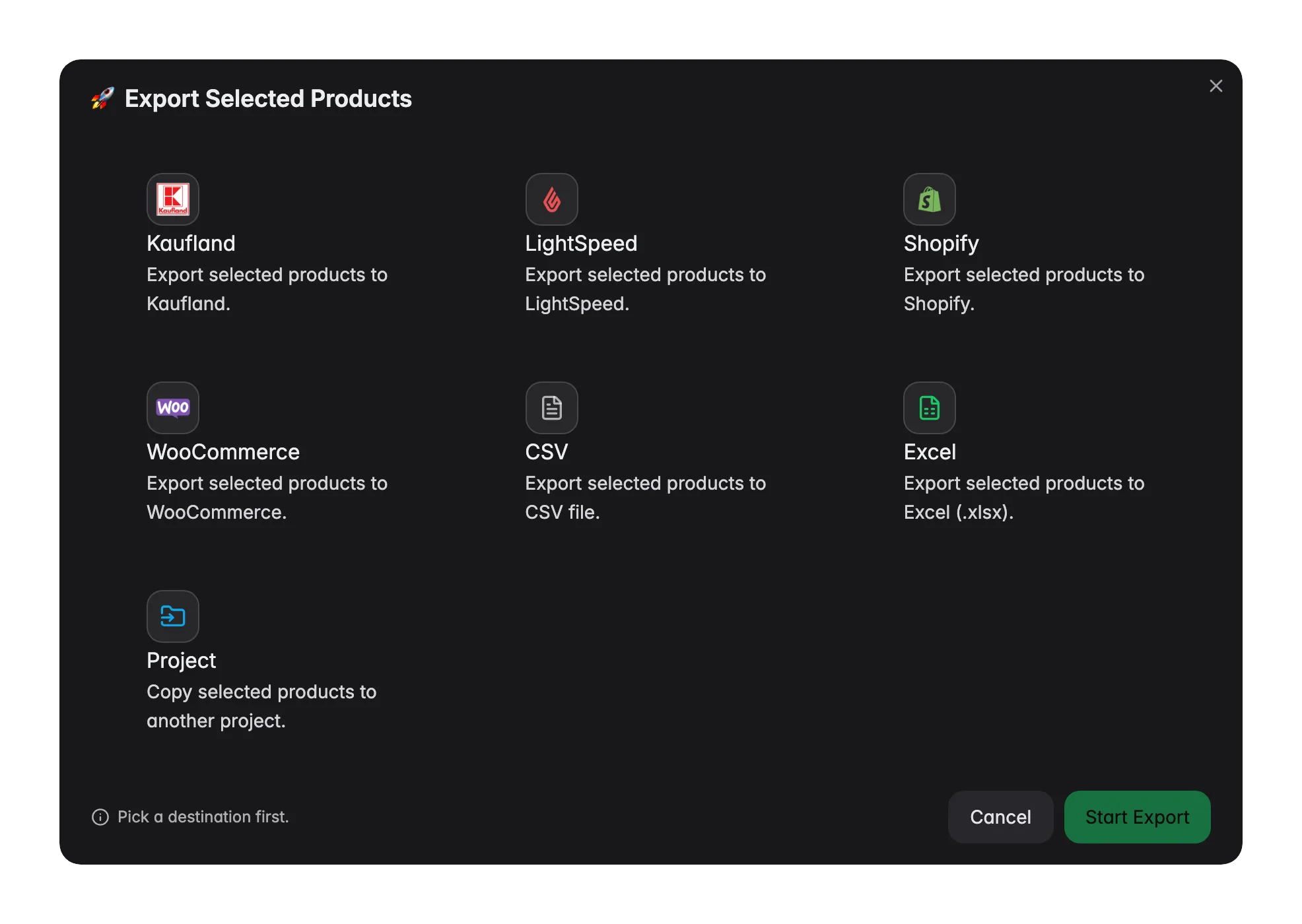 Exporting selected products from WISEPIM to a store, marketplace, data platform or file