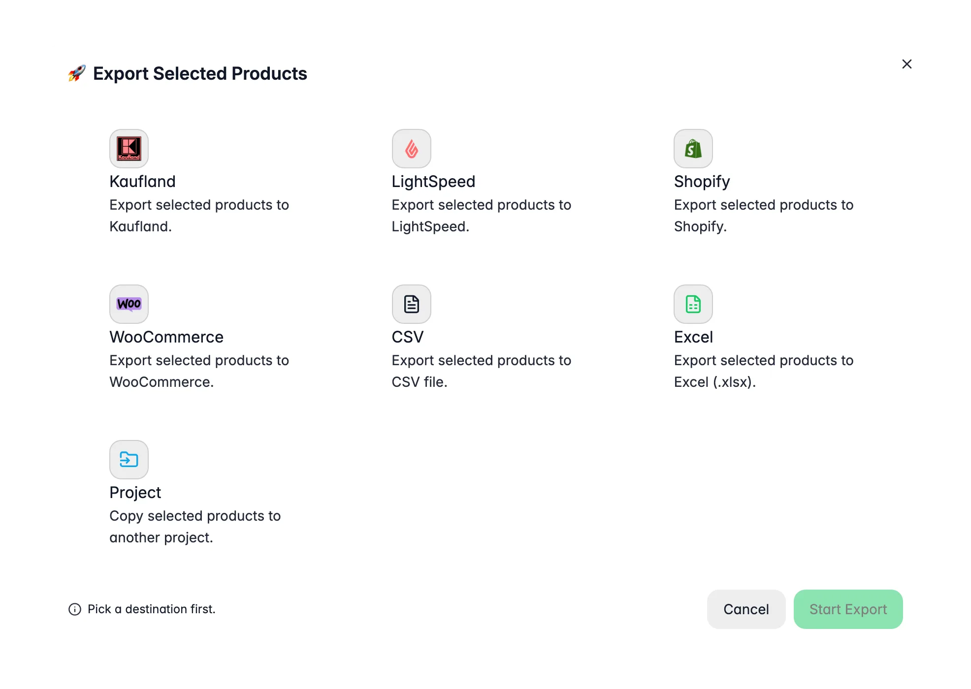 Exporting selected products from WISEPIM to a store, marketplace, data platform or file