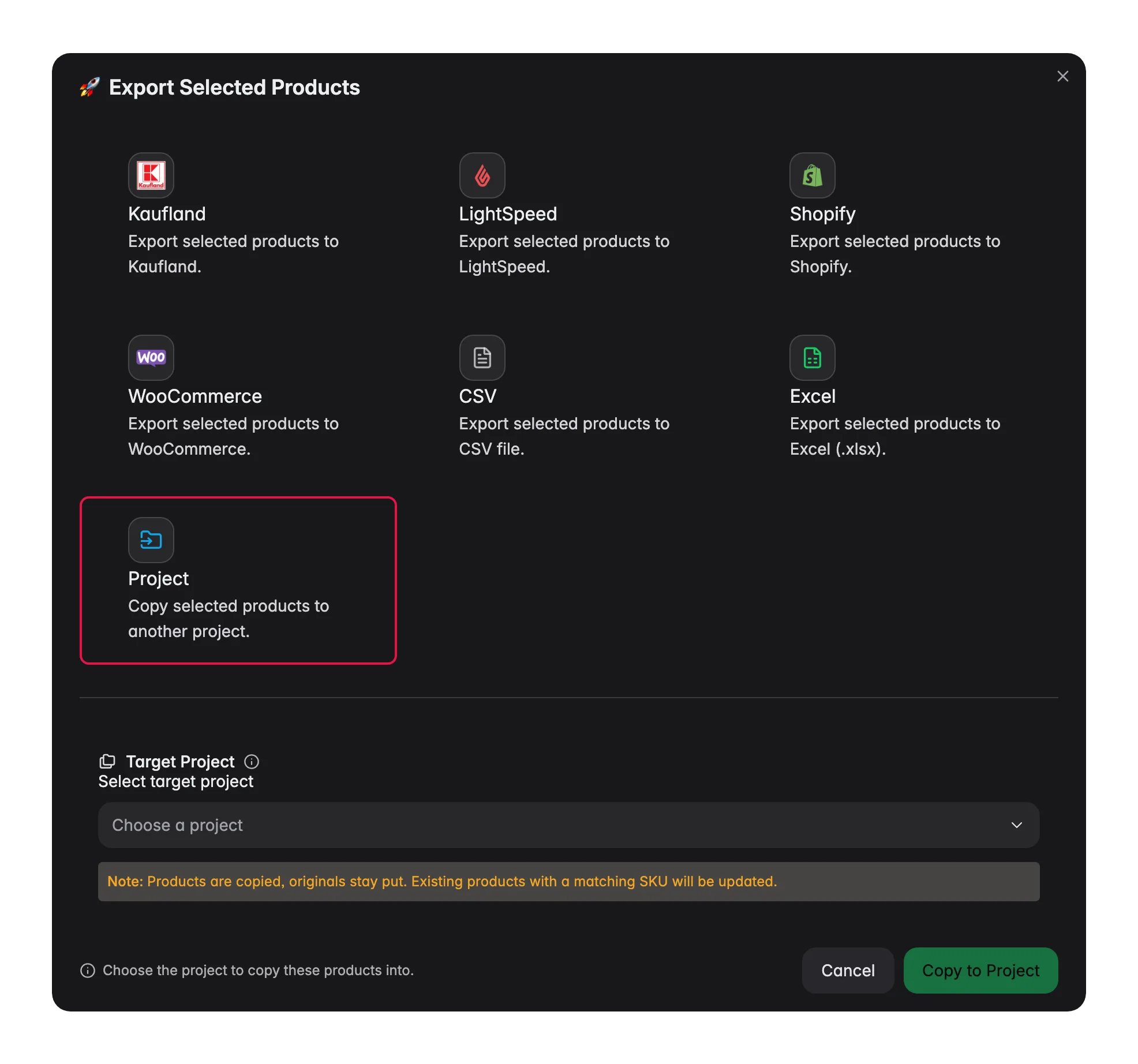 WISEPIM export modal copying selected products into another project with SKU-merge note