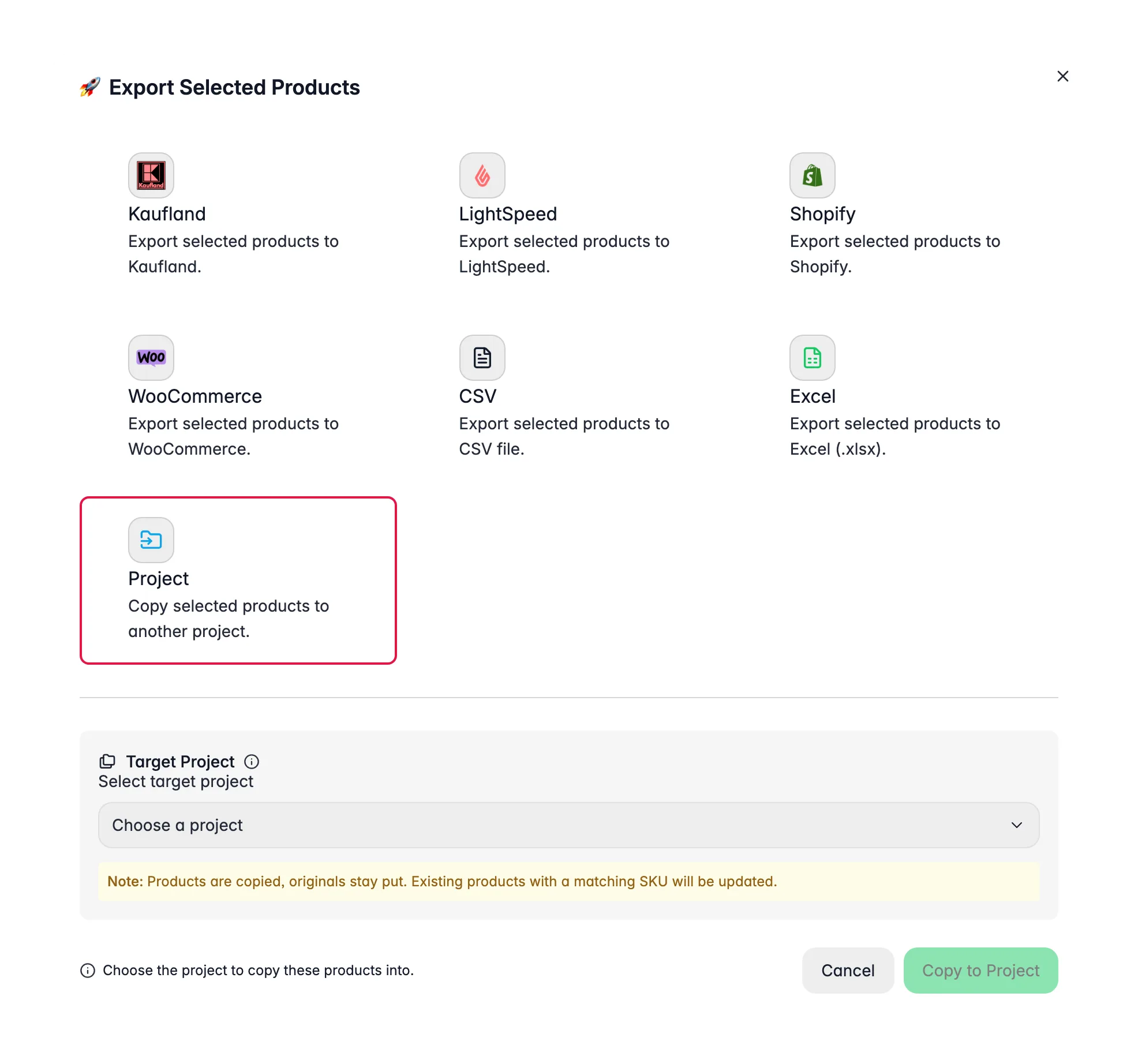 WISEPIM export modal copying selected products into another project with SKU-merge note