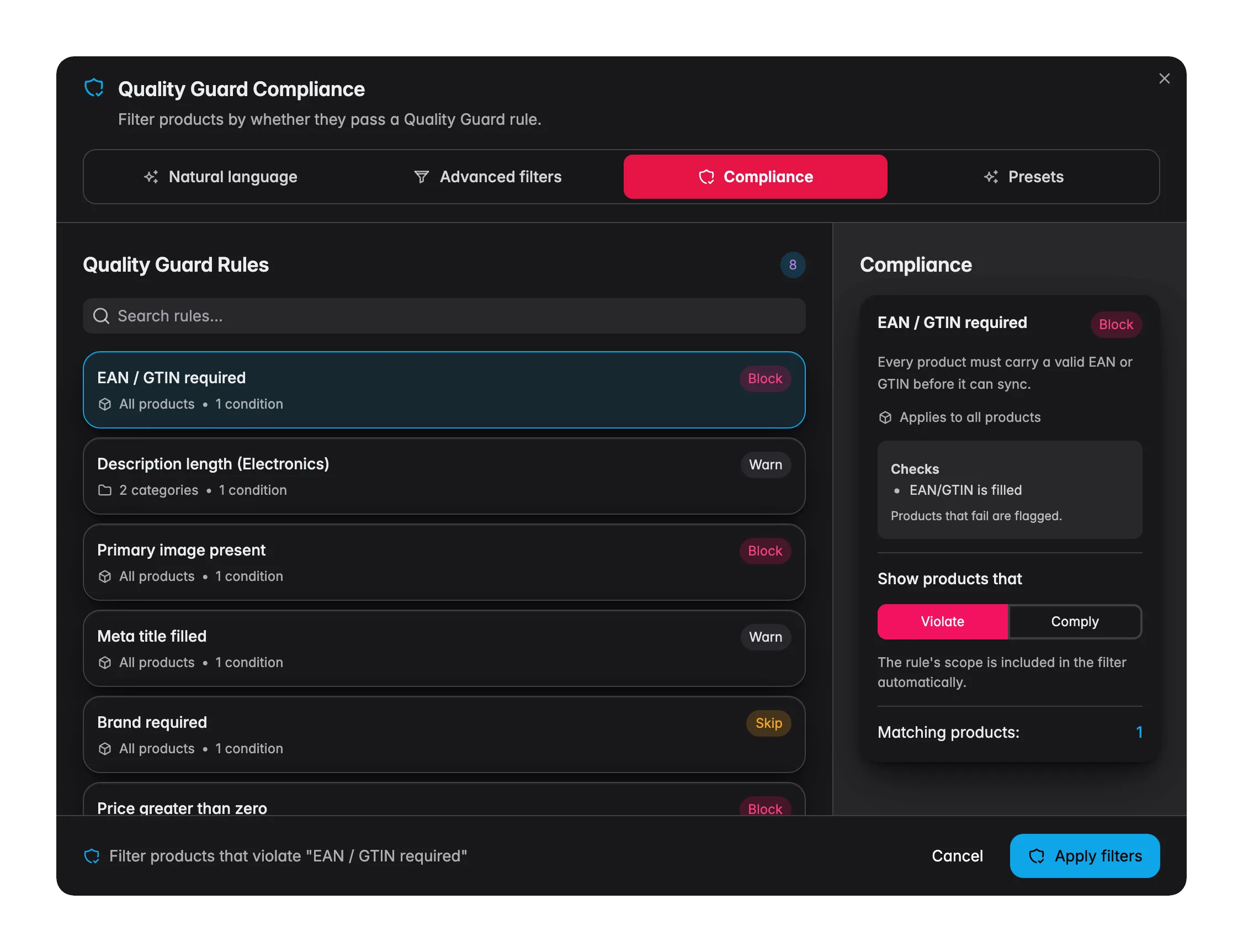 Filtering products by Quality Guard compliance in WISEPIM