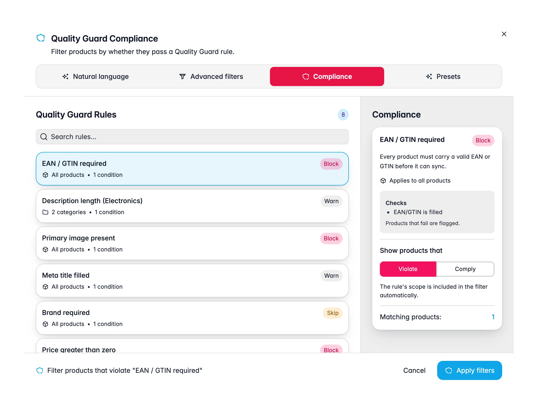 Filtering products by Quality Guard compliance in WISEPIM