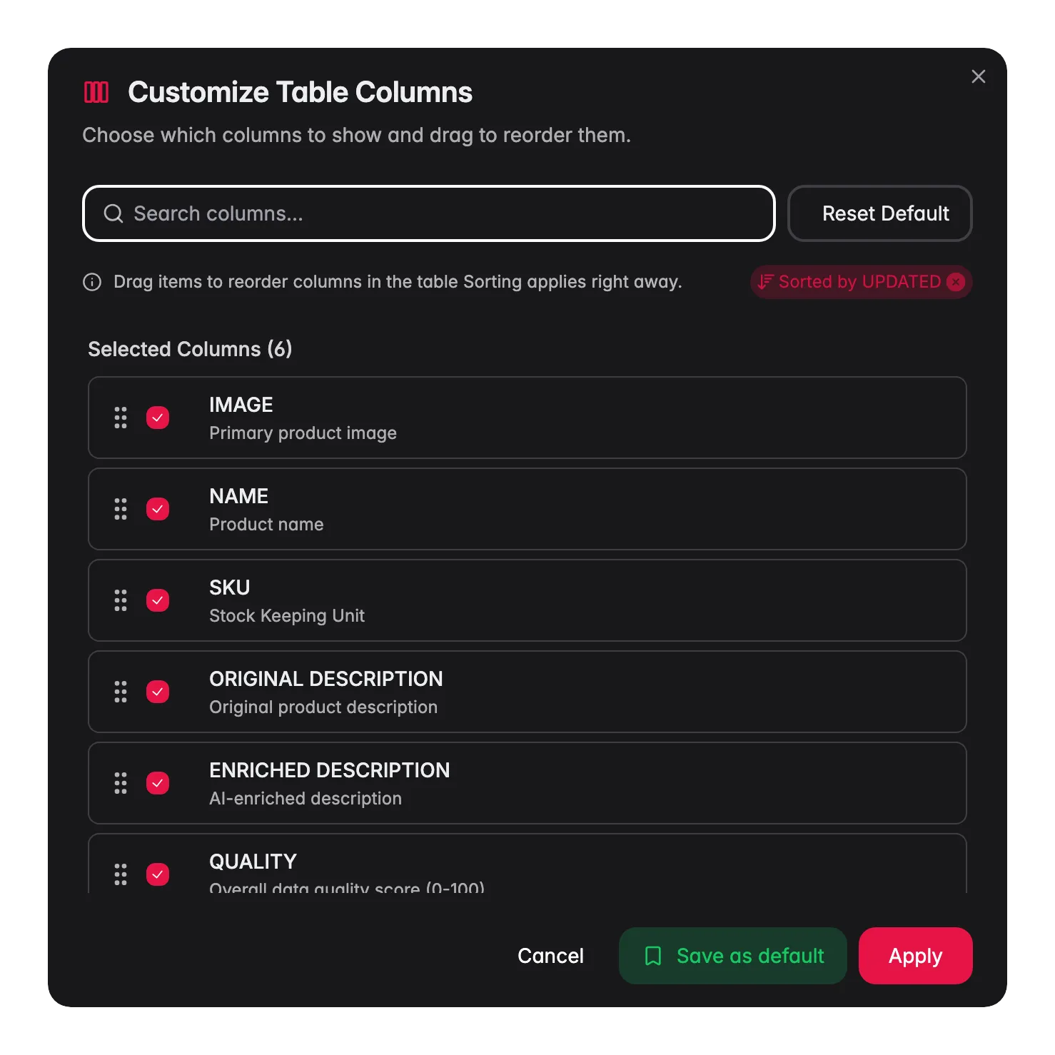 Configuring which product columns are visible in WISEPIM