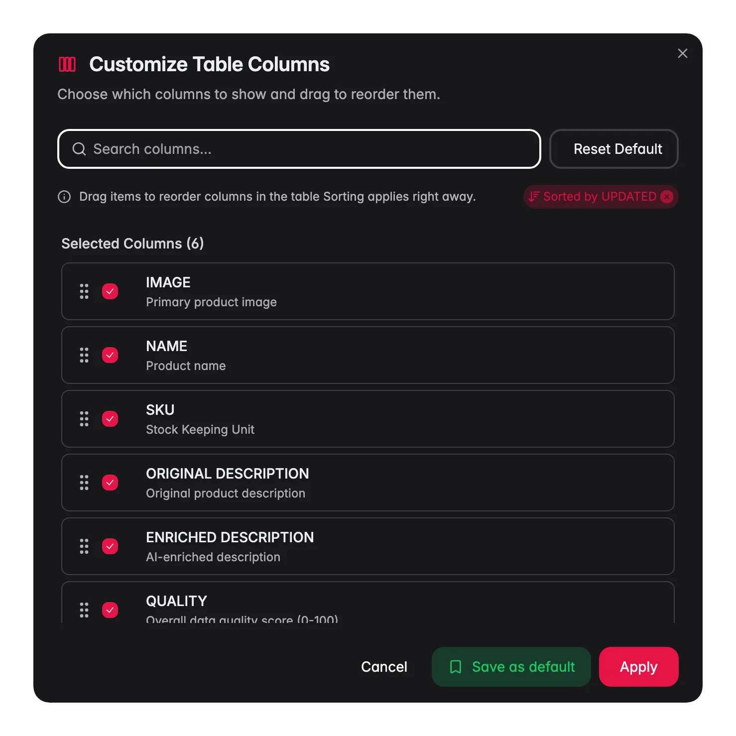 Configuring which product columns are visible in WISEPIM