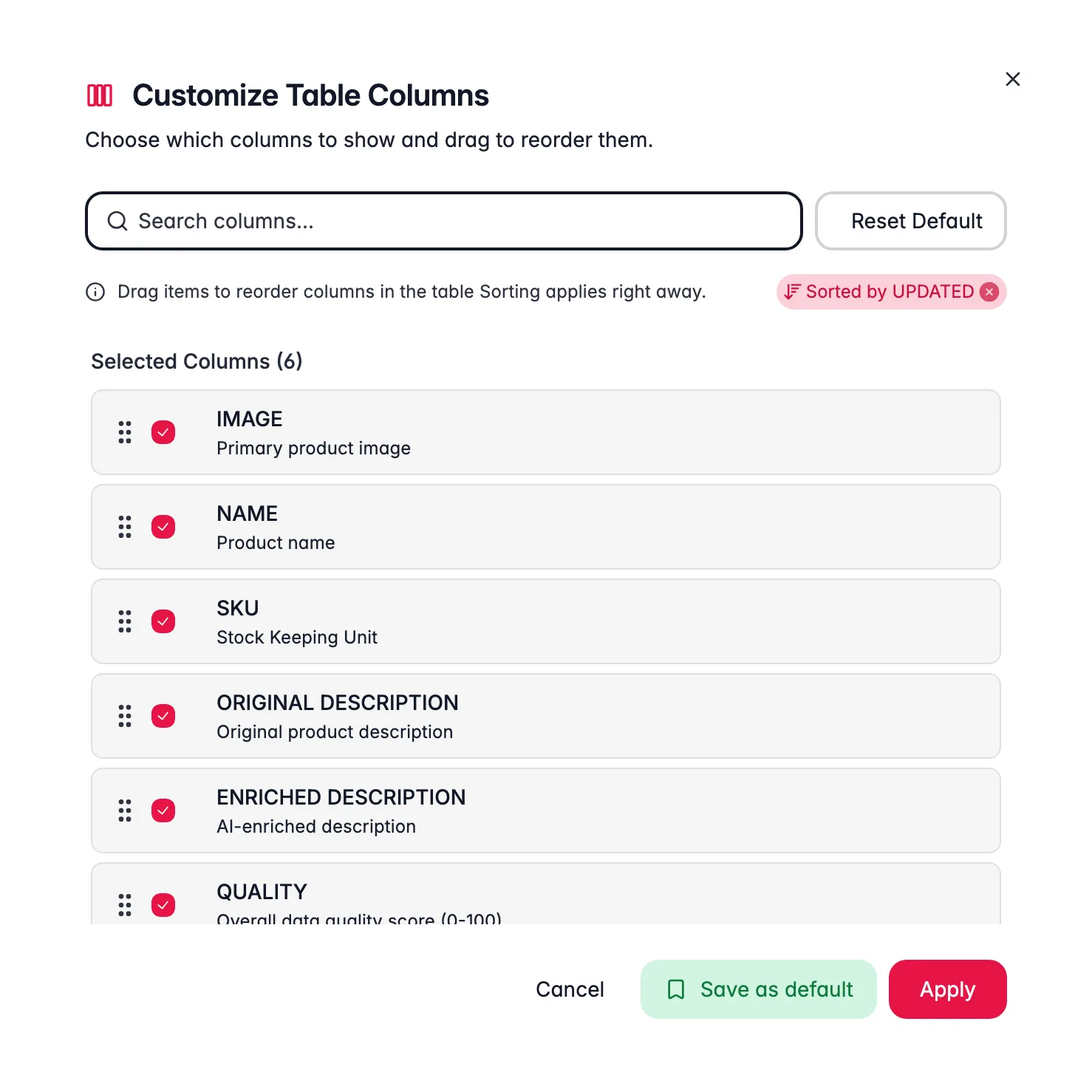 Configuring which product columns are visible in WISEPIM