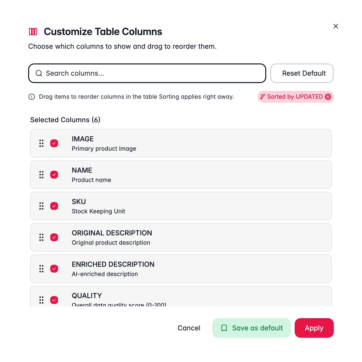 Configuring which product columns are visible in WISEPIM