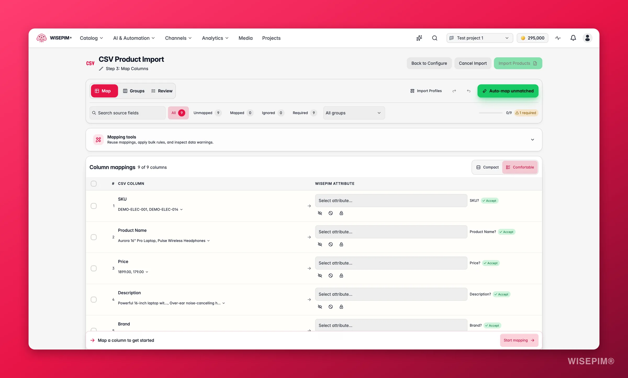 WISEPIM CSV import column mapping, matching spreadsheet columns to product fields