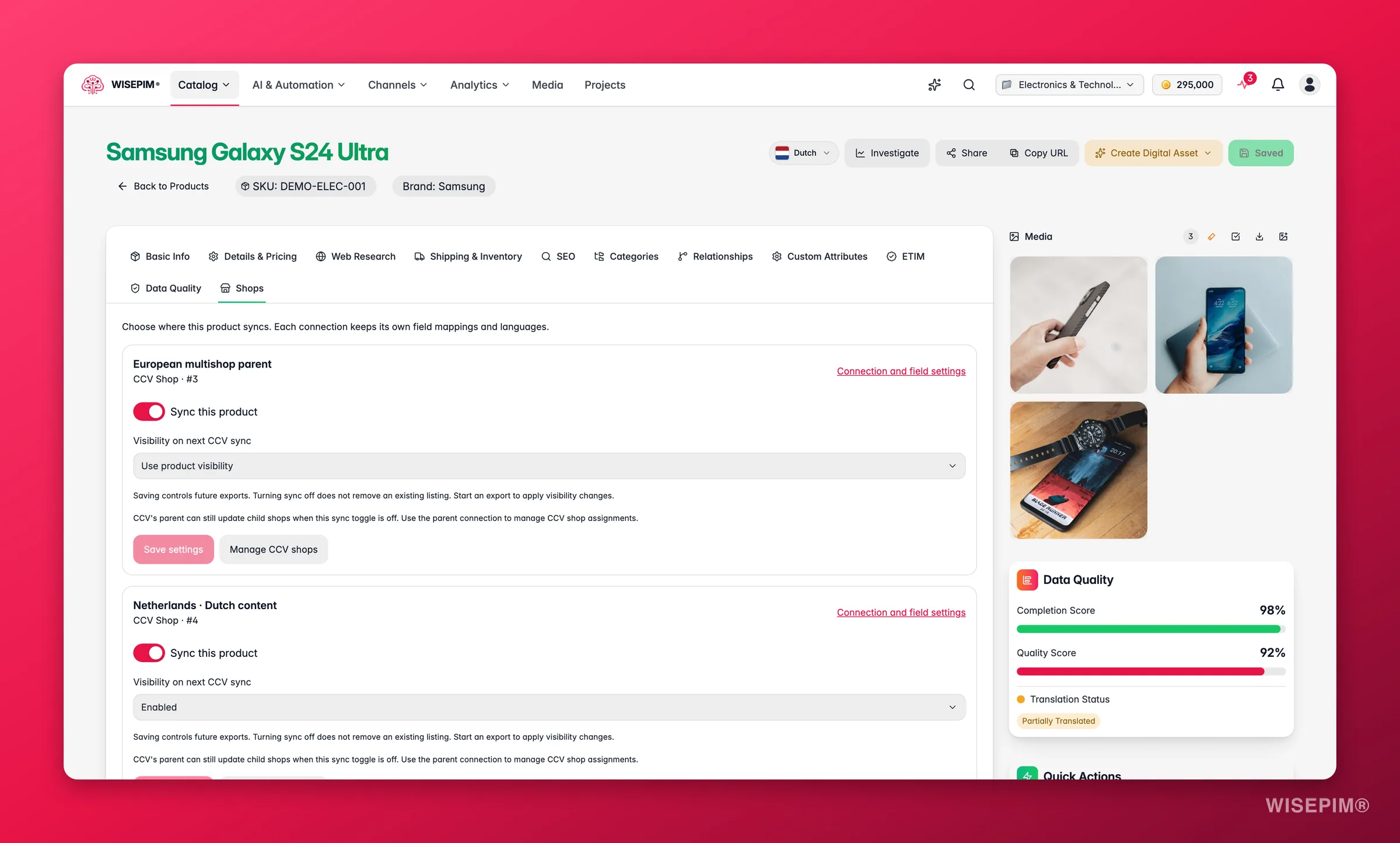 WISEPIM Produkt-Shopeinstellungen mit Synchronisierung je Verbindung und CCV-Sichtbarkeitsoptionen
