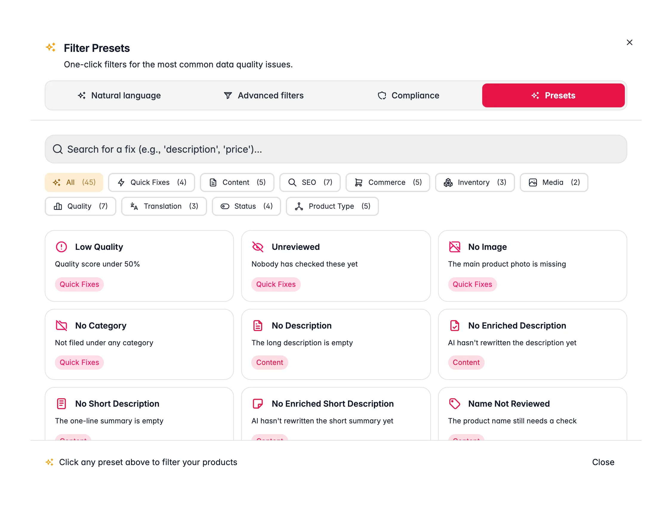 One-click preset filters for common data issues in WISEPIM