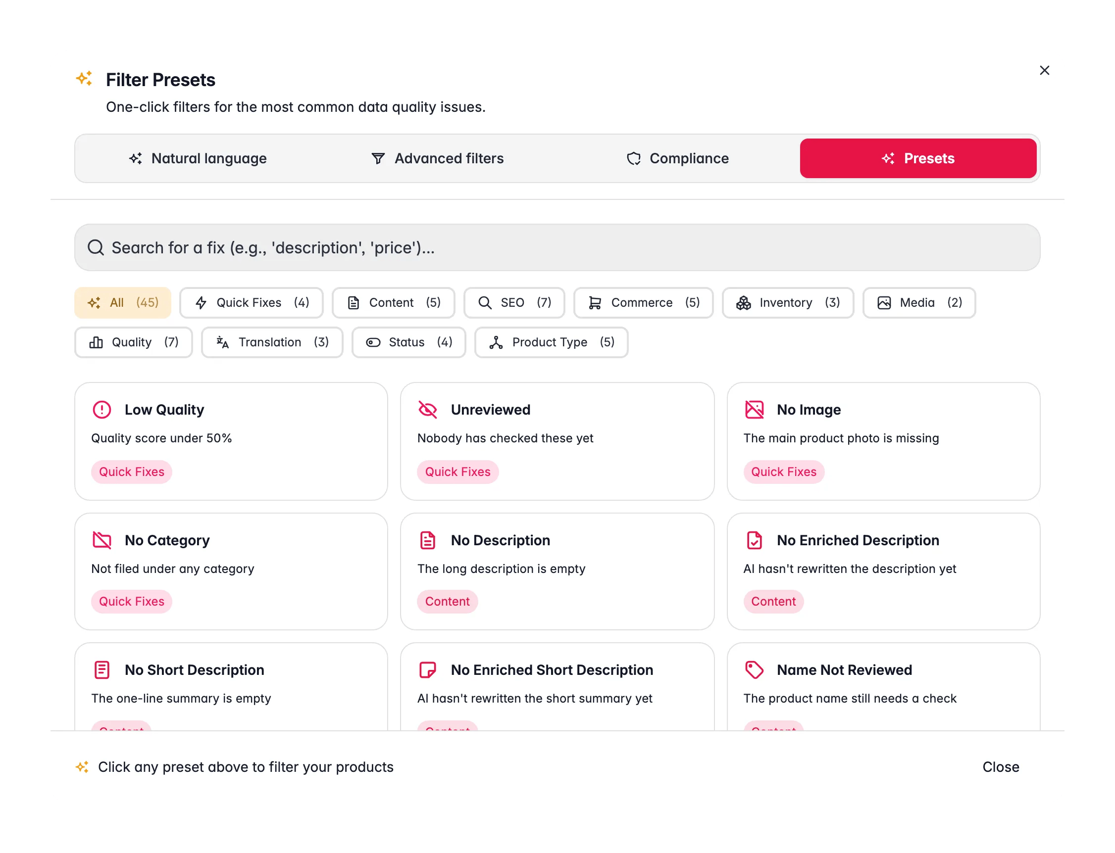 One-click preset filters for common data issues in WISEPIM