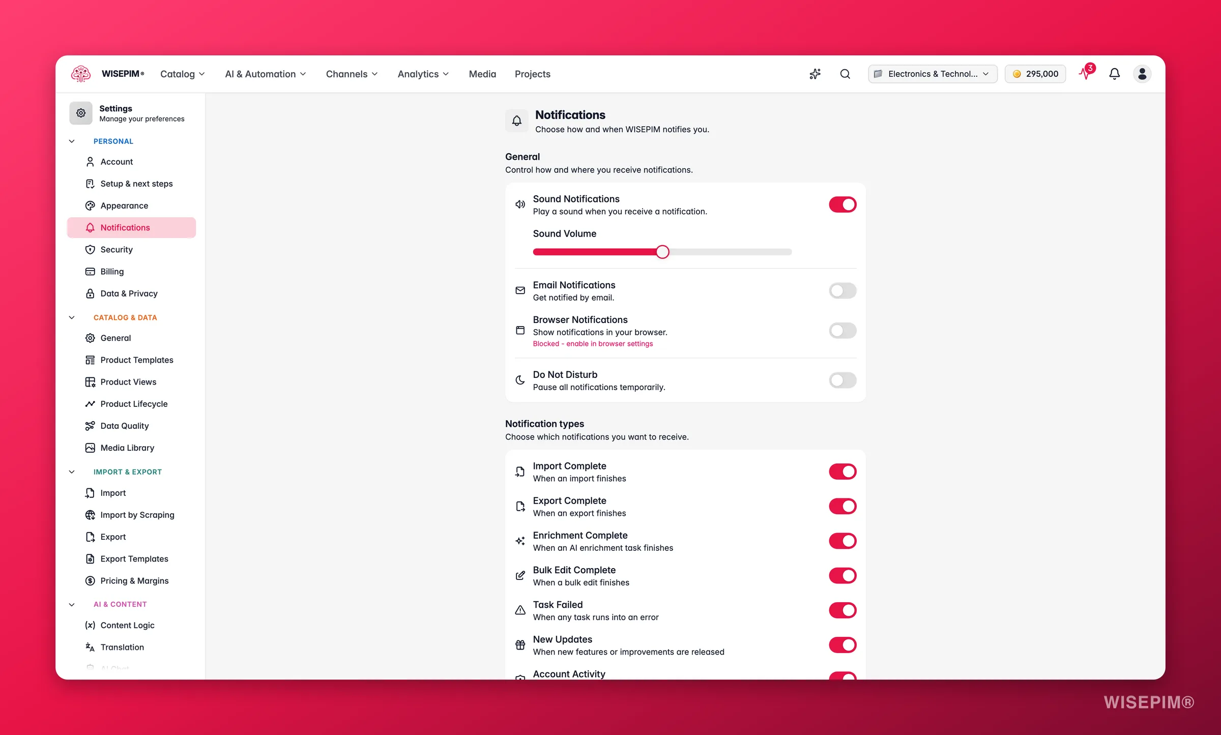 WISEPIM notification preferences across channels