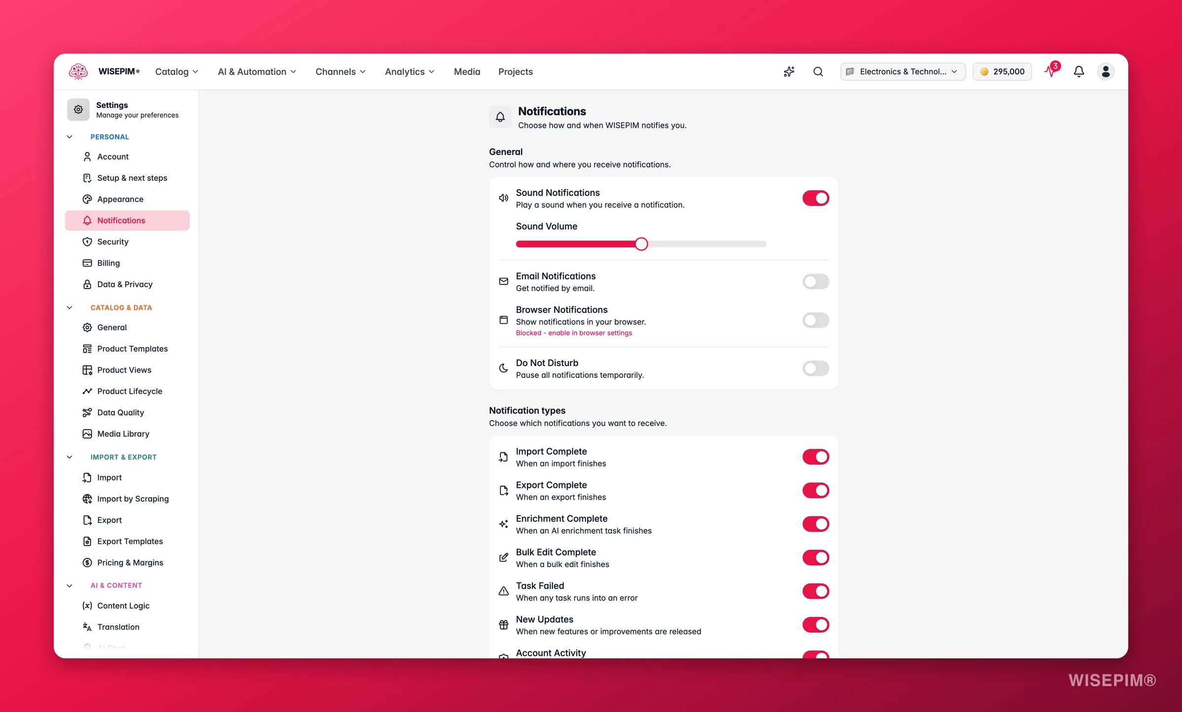 WISEPIM notification preferences across channels