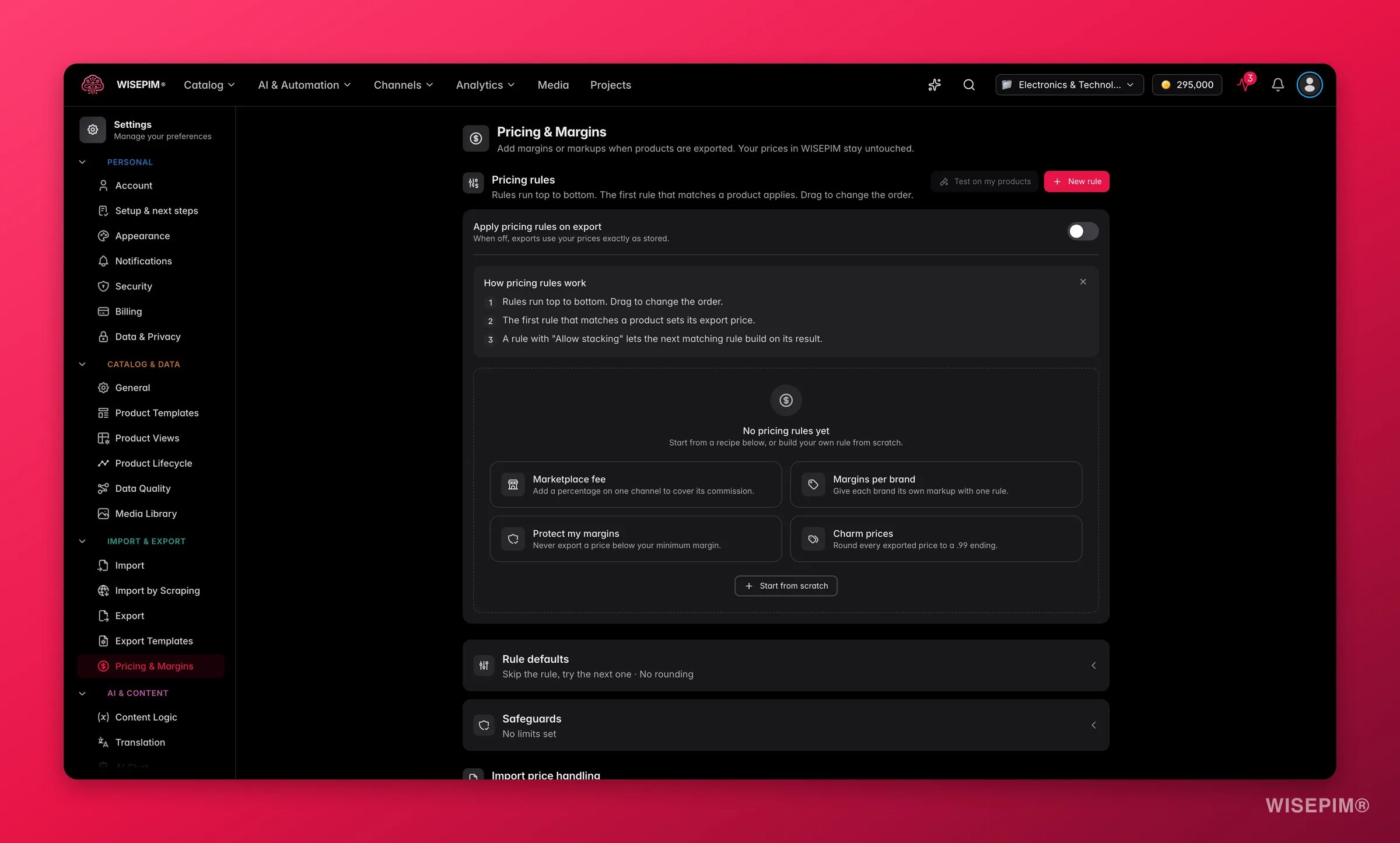 Configuración de precios y márgenes de WISEPIM con reglas por ámbito, protecciones y gestión de precios en la importación