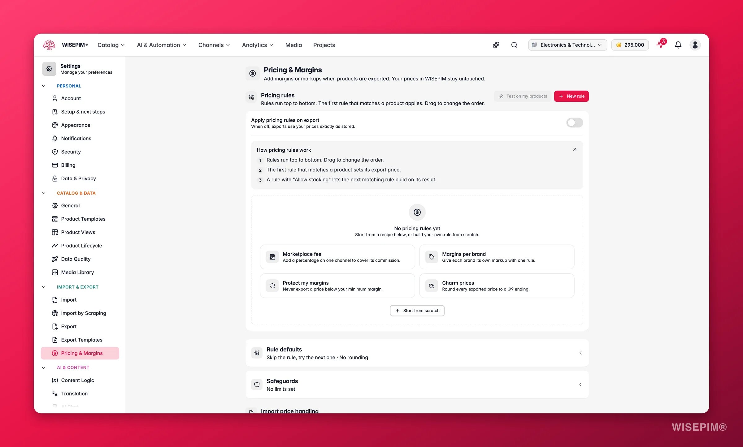 Configuración de precios y márgenes de WISEPIM con reglas por ámbito, protecciones y gestión de precios en la importación