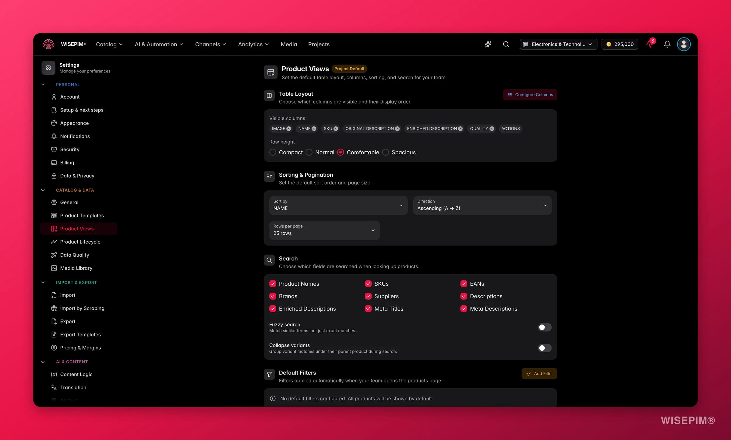 WISEPIM product view settings with default columns and layout