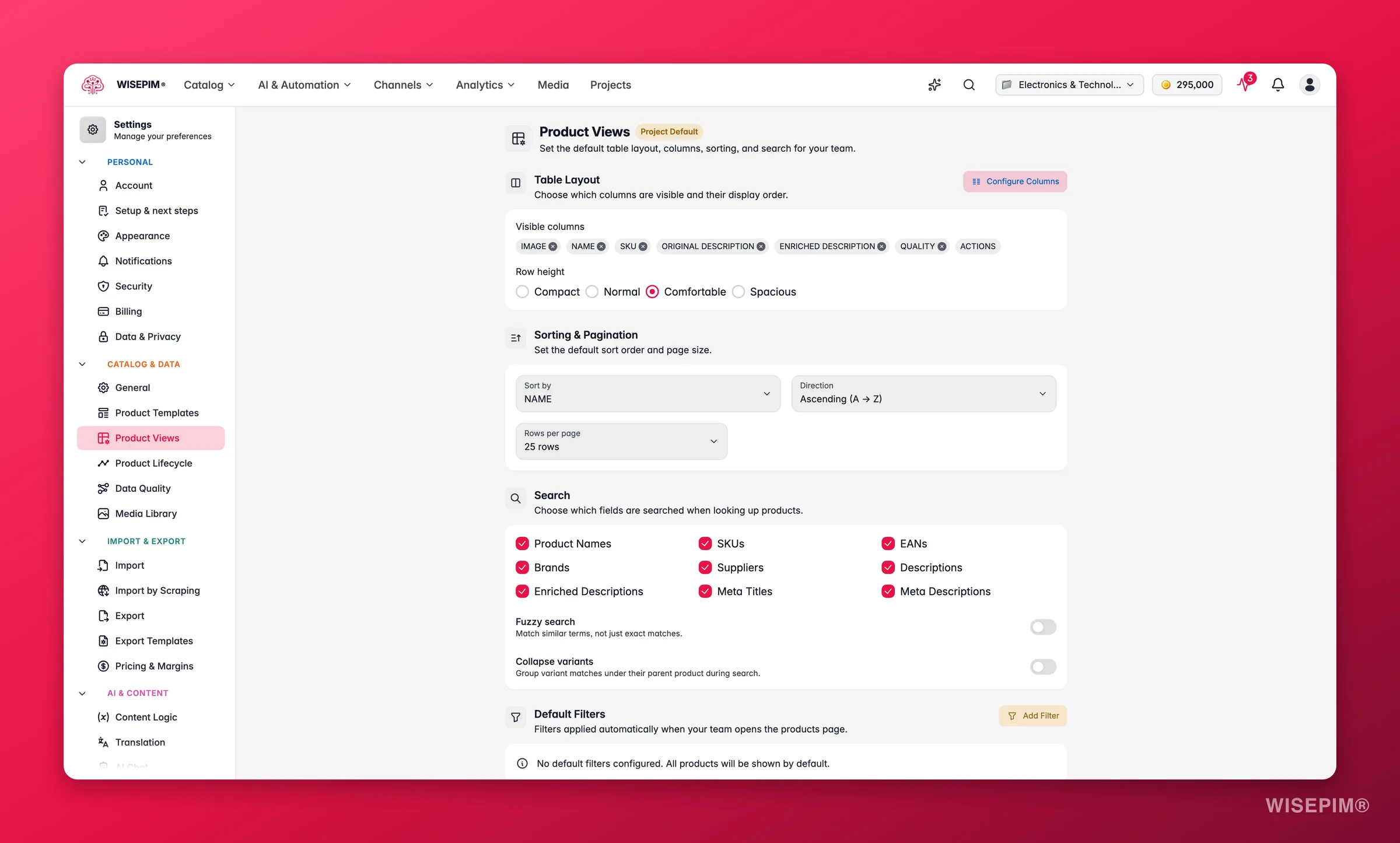 WISEPIM product view settings with default columns and layout