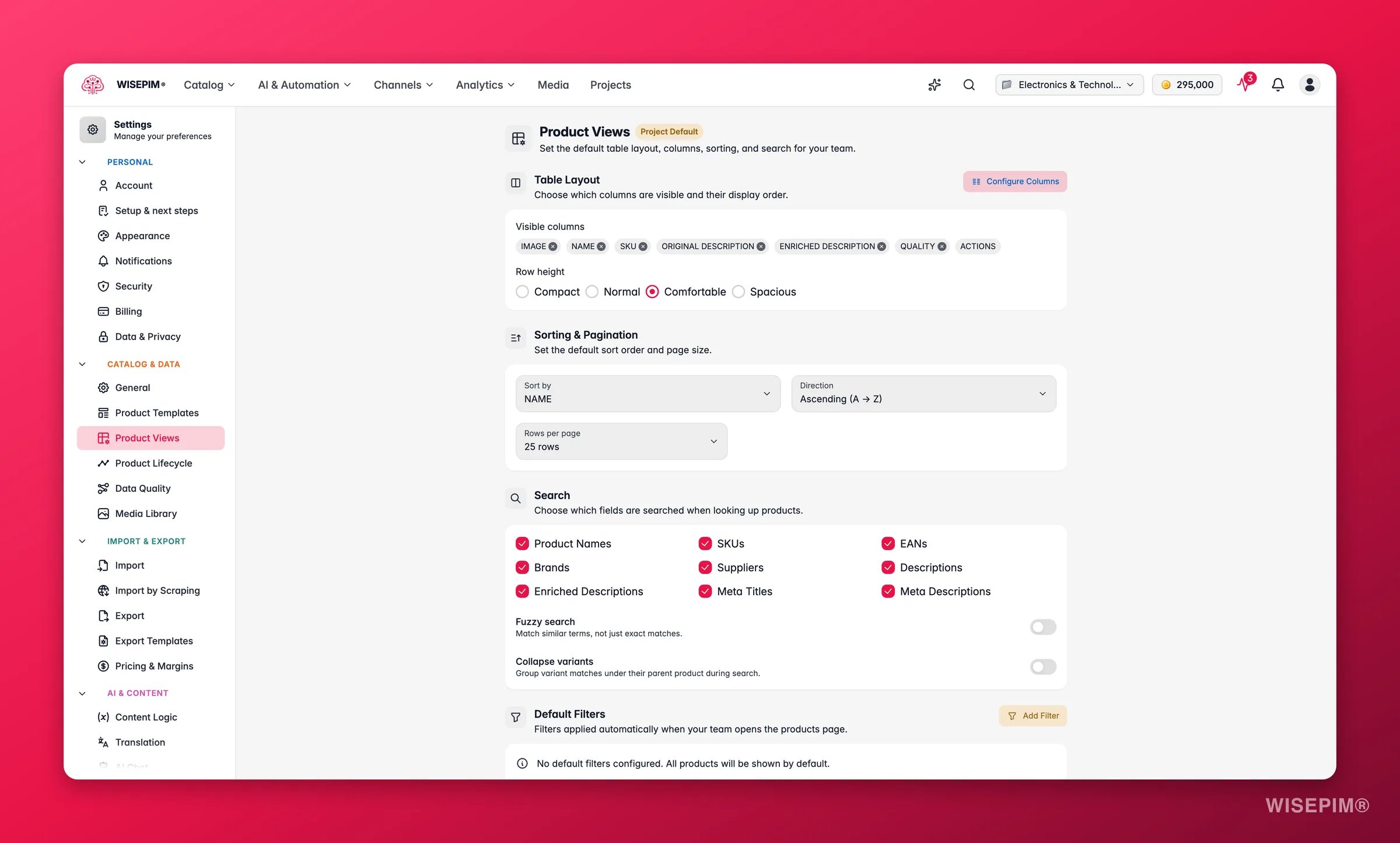 WISEPIM product view settings with default columns and layout