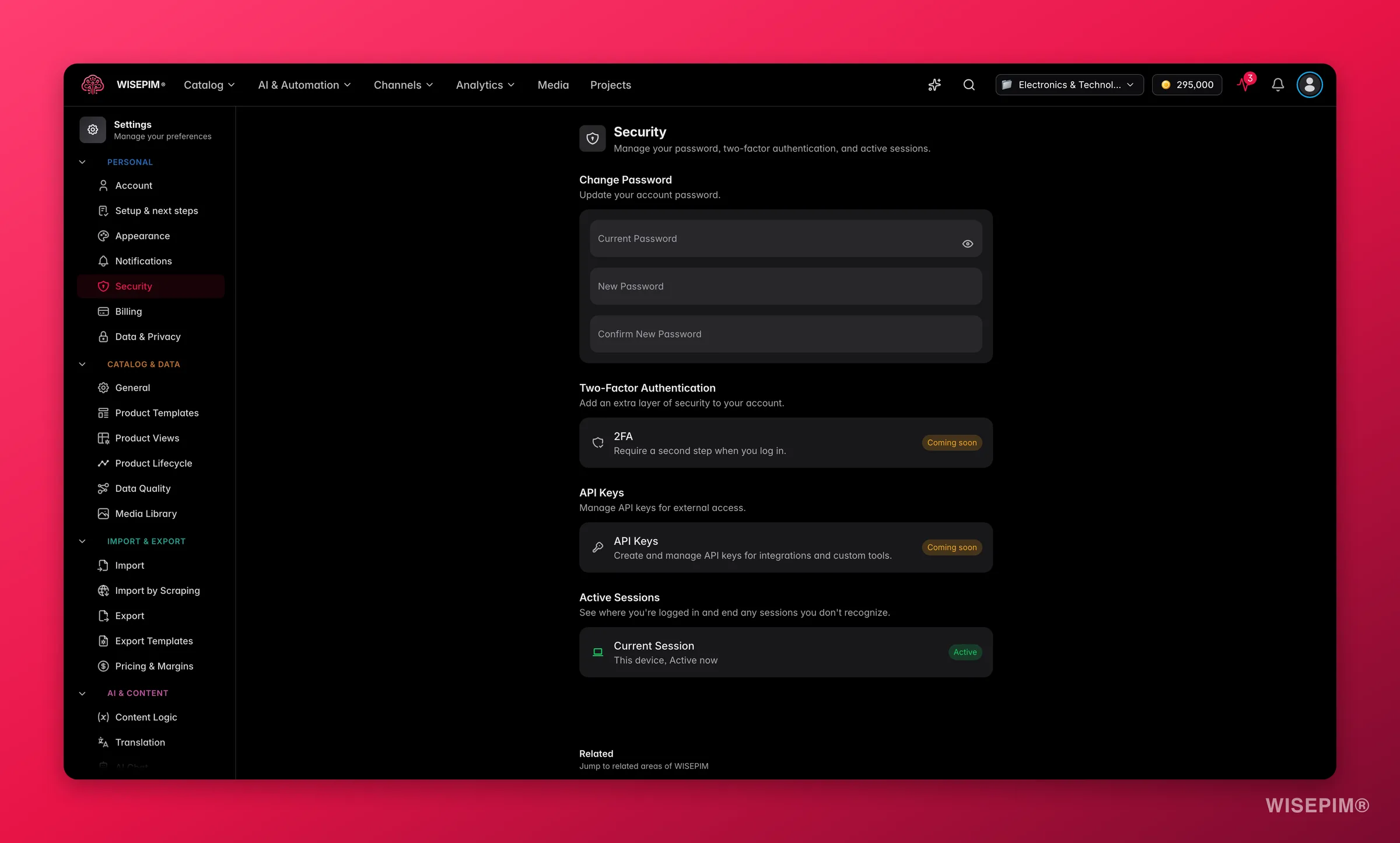 WISEPIM security settings, password, two-factor authentication, API keys and active sessions