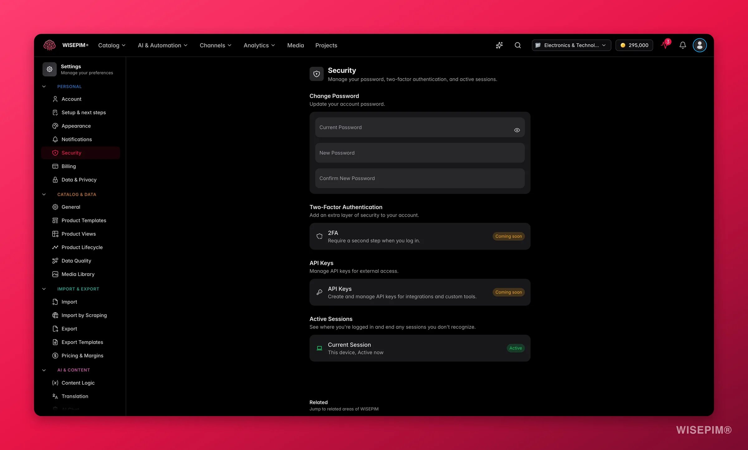 WISEPIM security settings, password, two-factor authentication, API keys and active sessions