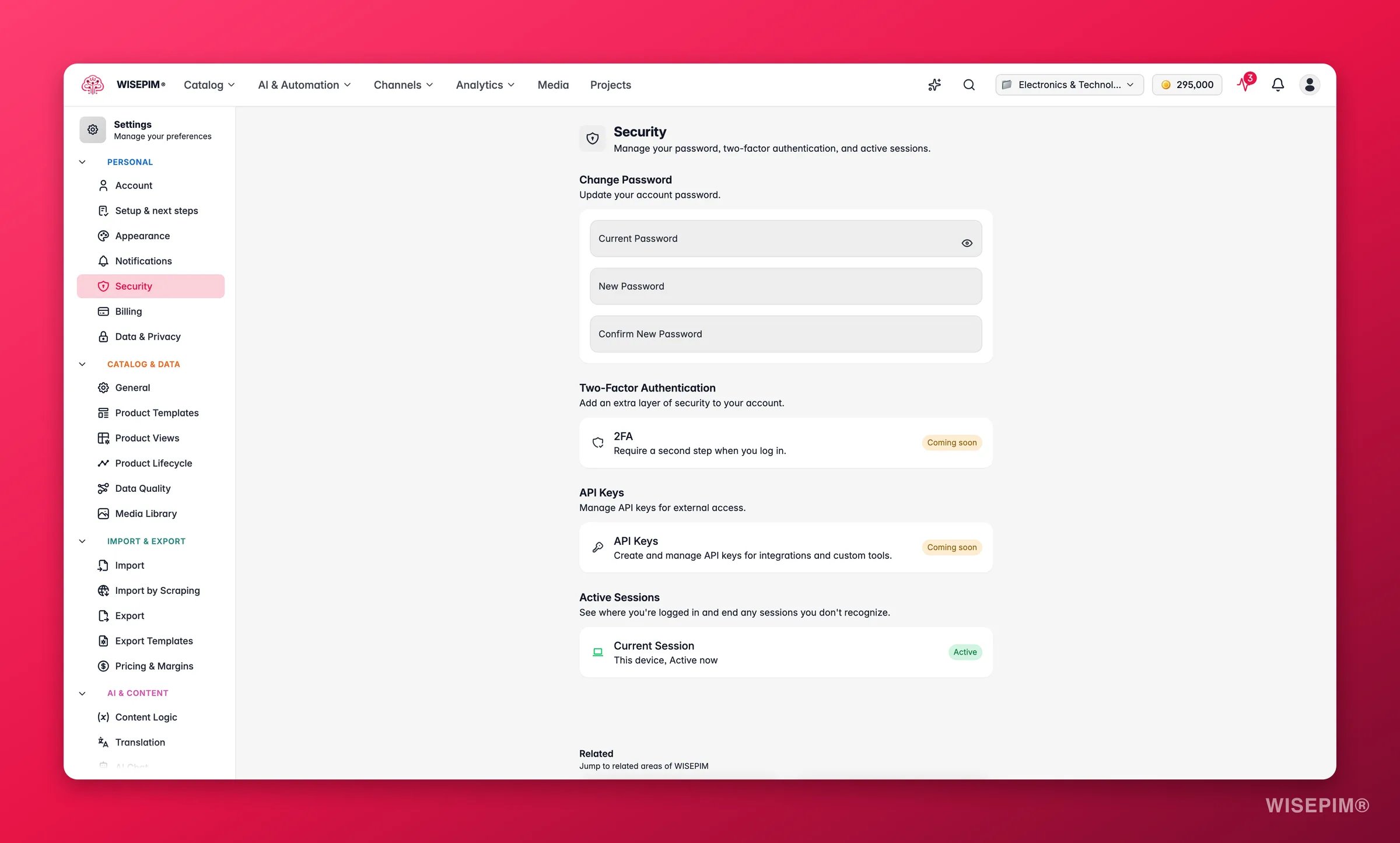 WISEPIM security settings, password, two-factor authentication, API keys and active sessions