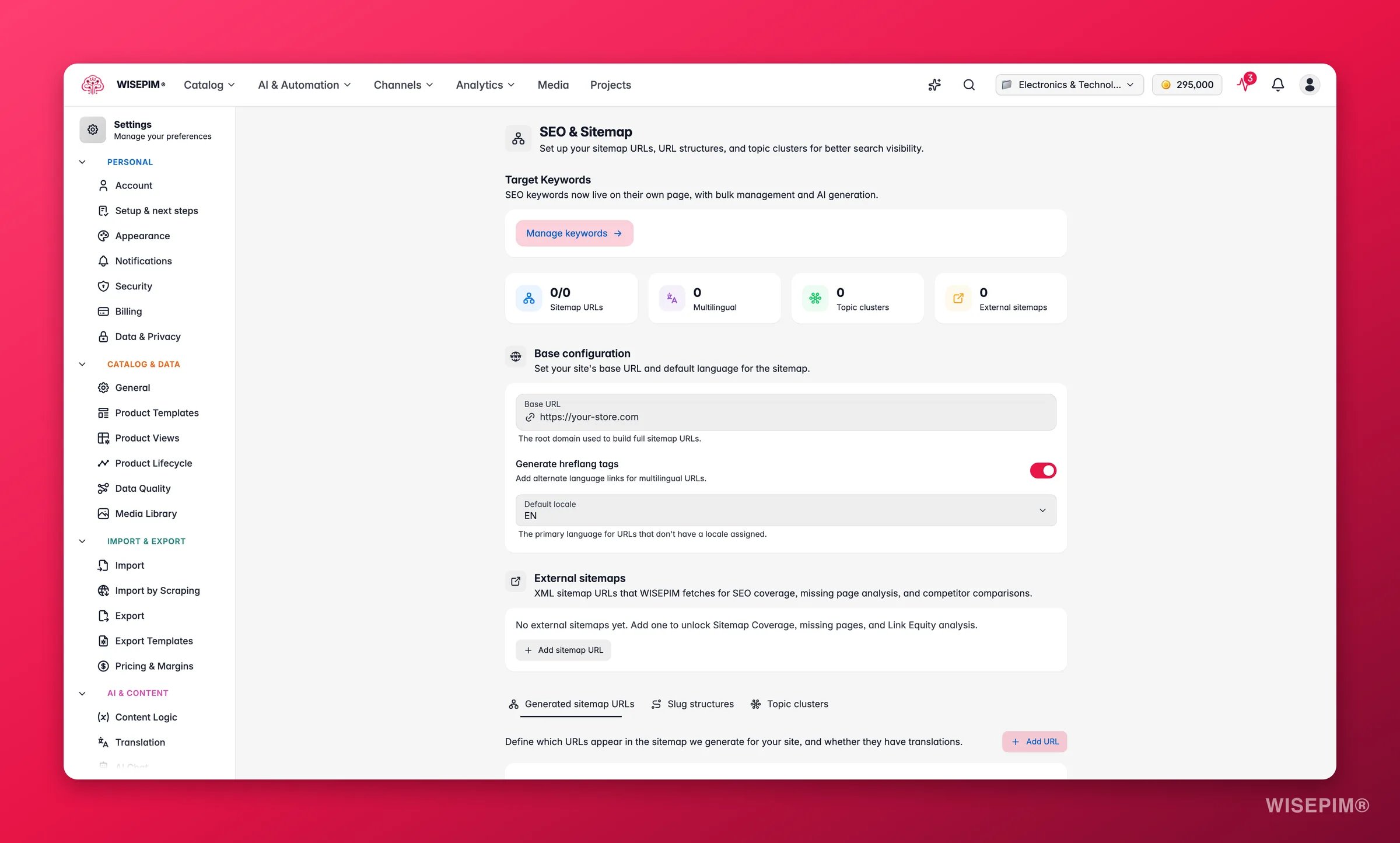 WISEPIM SEO defaults for titles, meta and structured data
