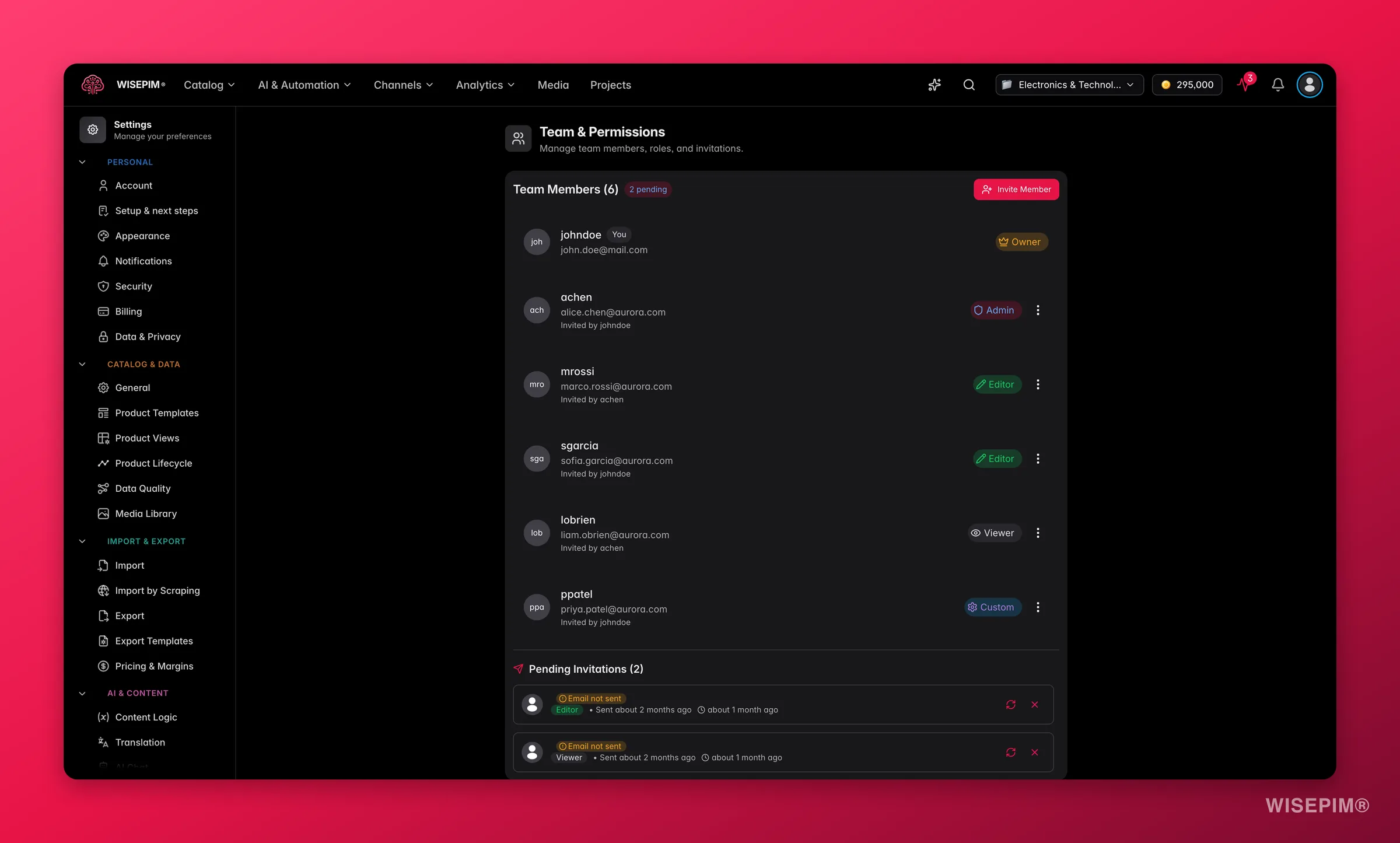 WISEPIM team management with roles and permissions
