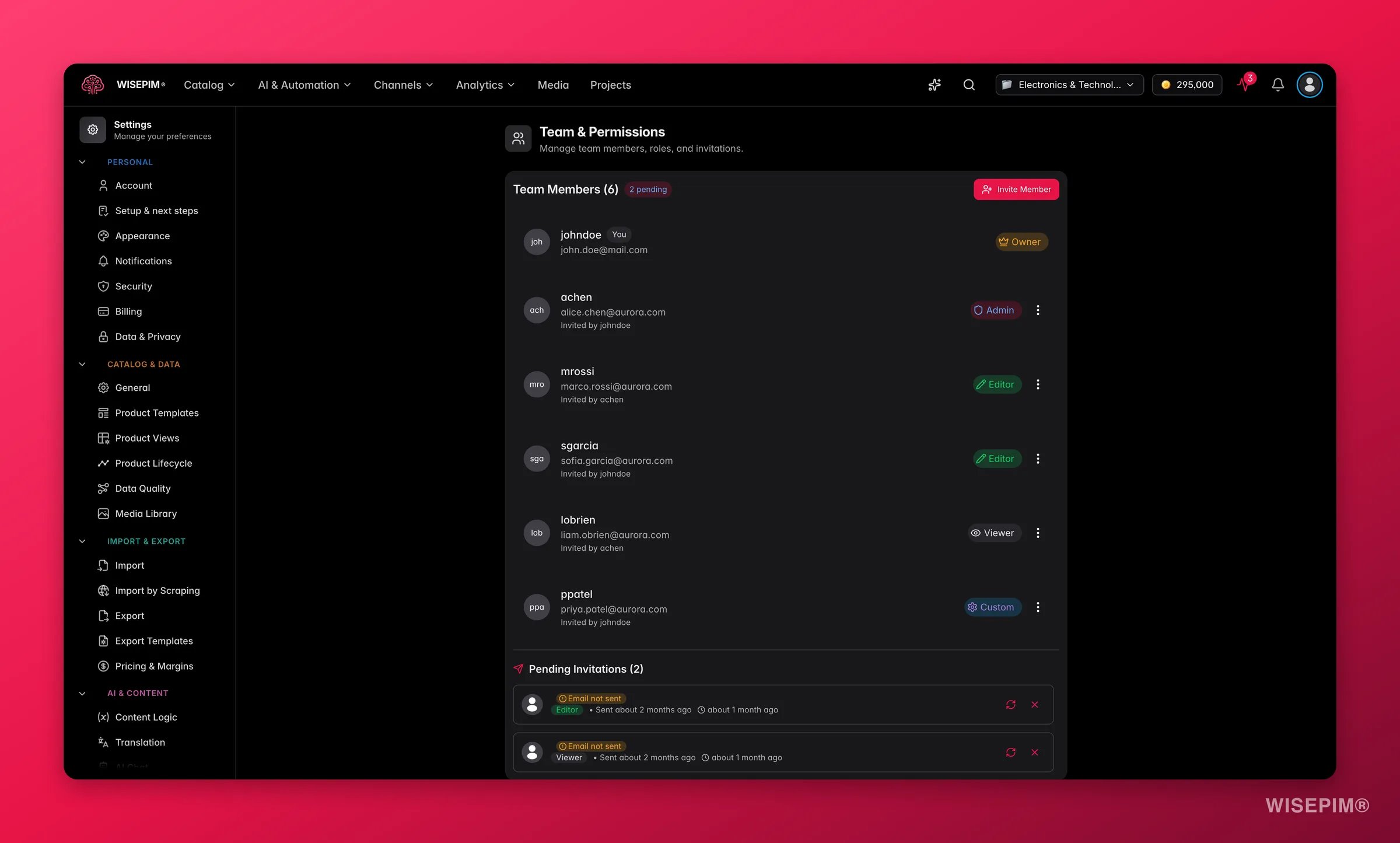 WISEPIM team management with roles and permissions