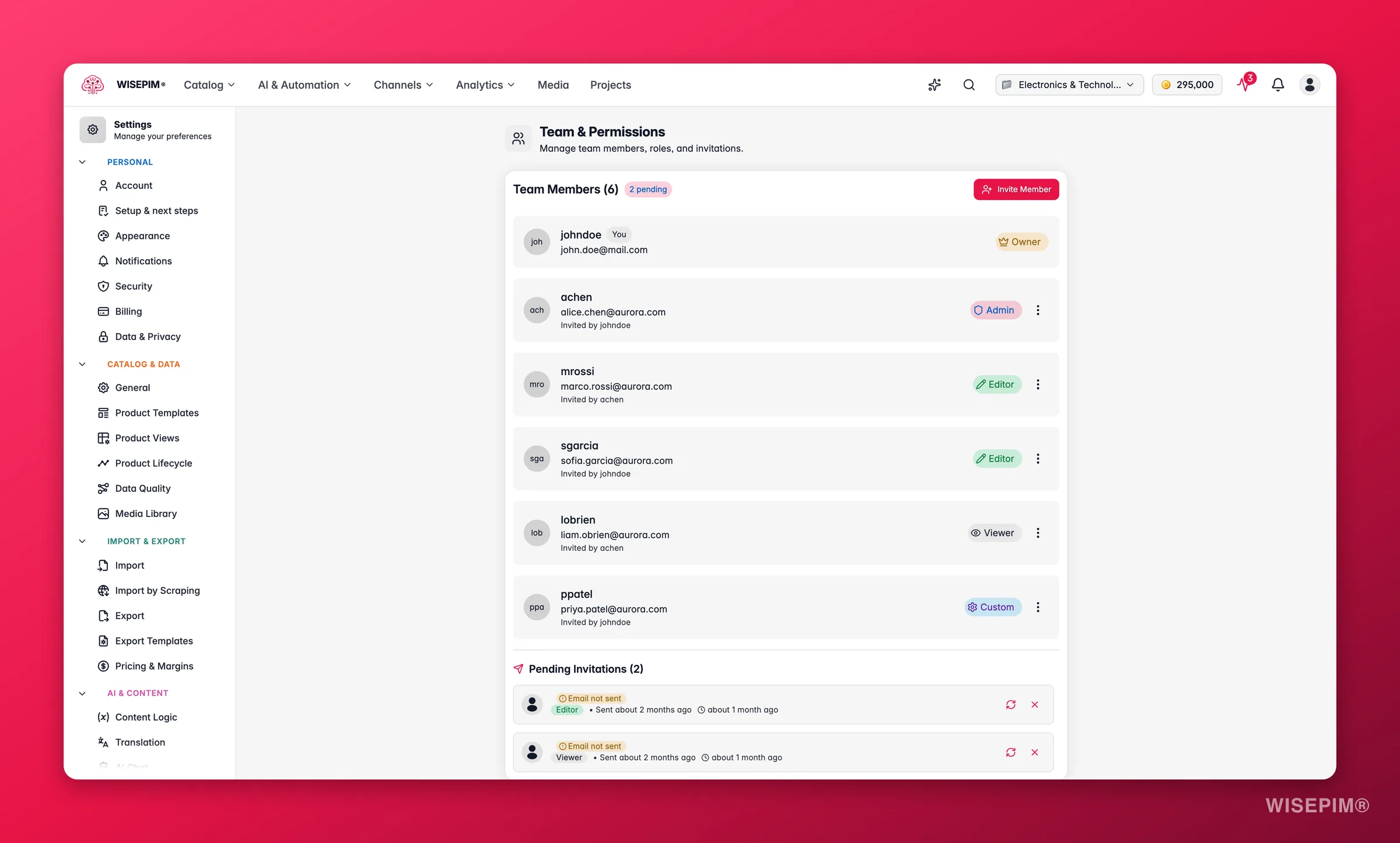 WISEPIM team management with roles and permissions