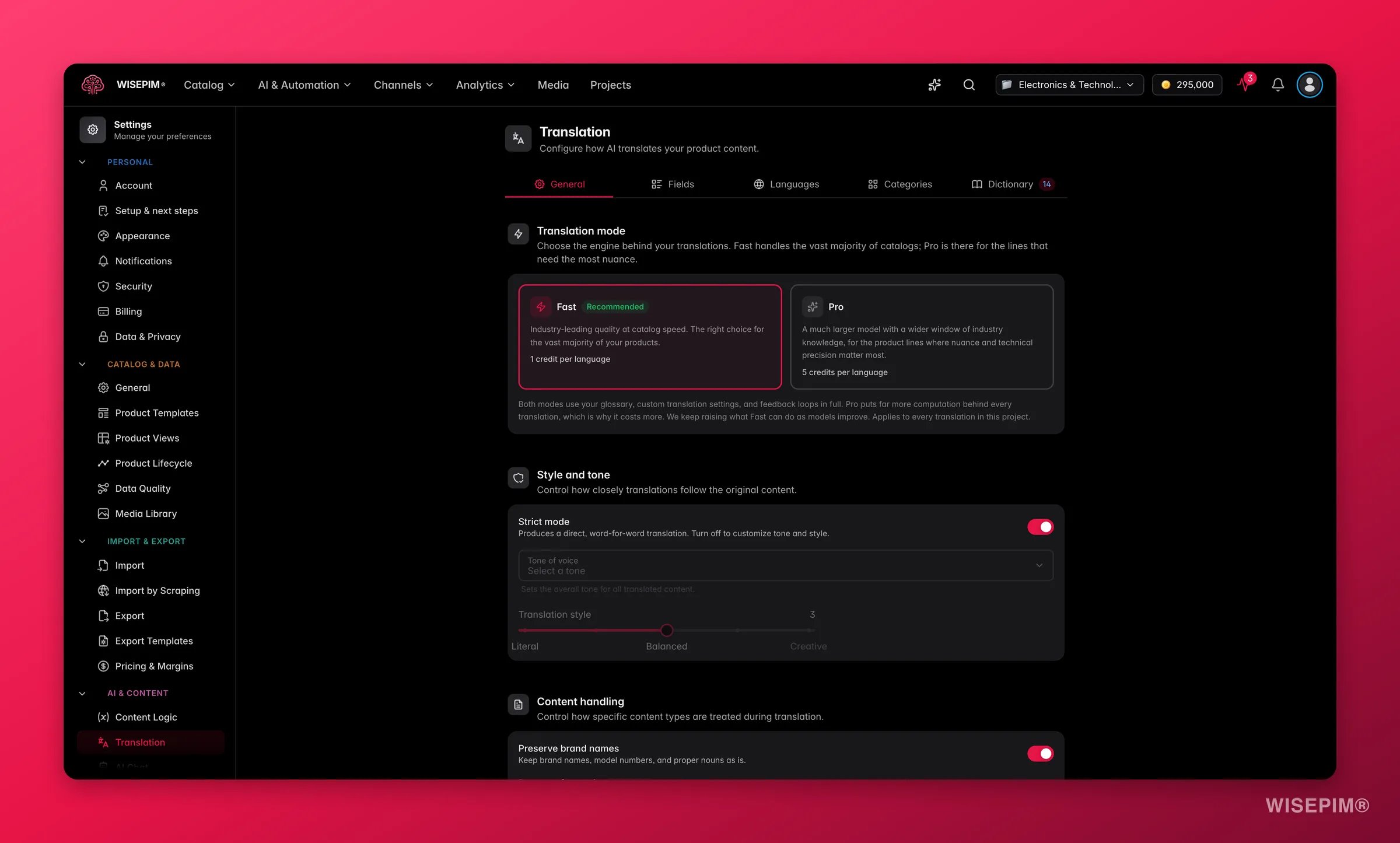 WISEPIM translation settings with tone, fields and language controls