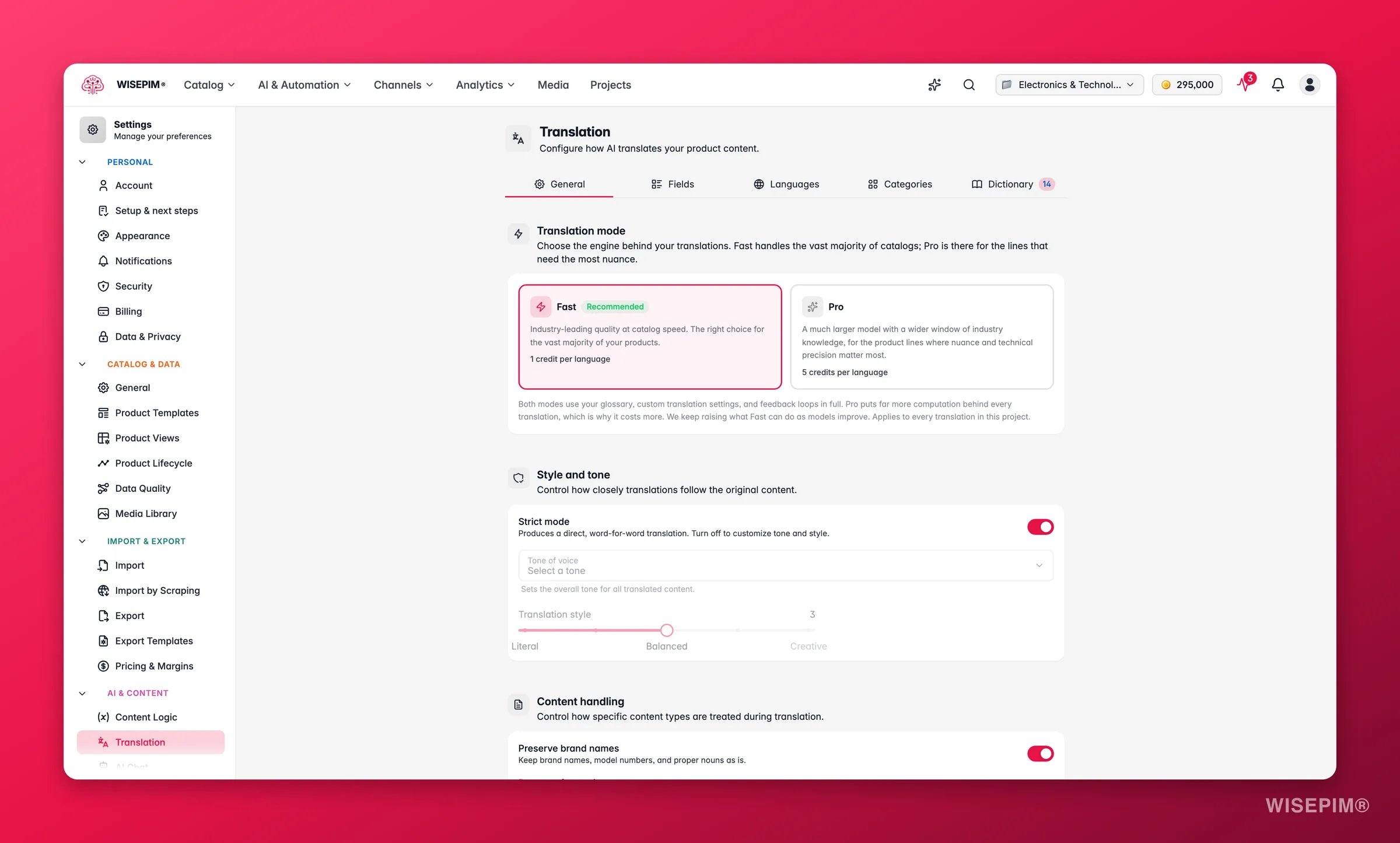 WISEPIM translation settings with tone, fields and language controls
