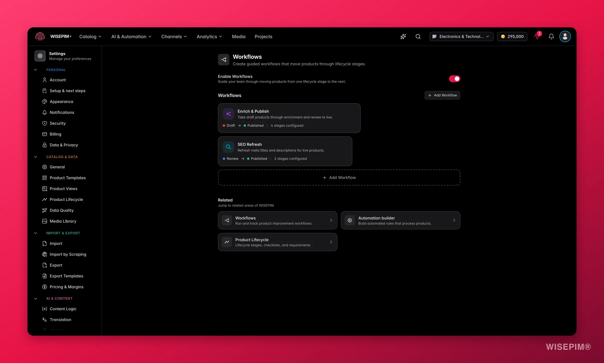 WISEPIM product workflows guiding products from draft through enrichment and review to live