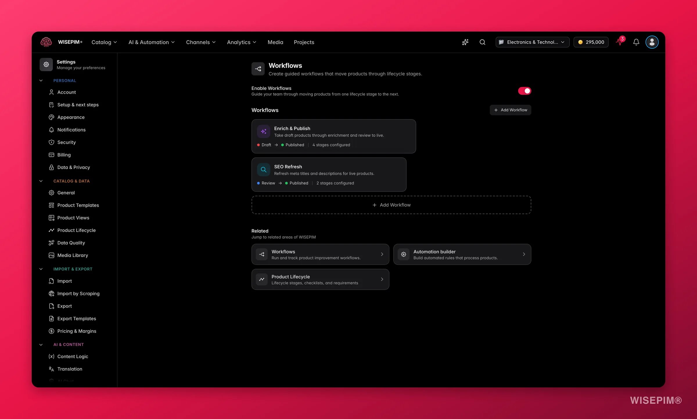 WISEPIM product workflows guiding products from draft through enrichment and review to live