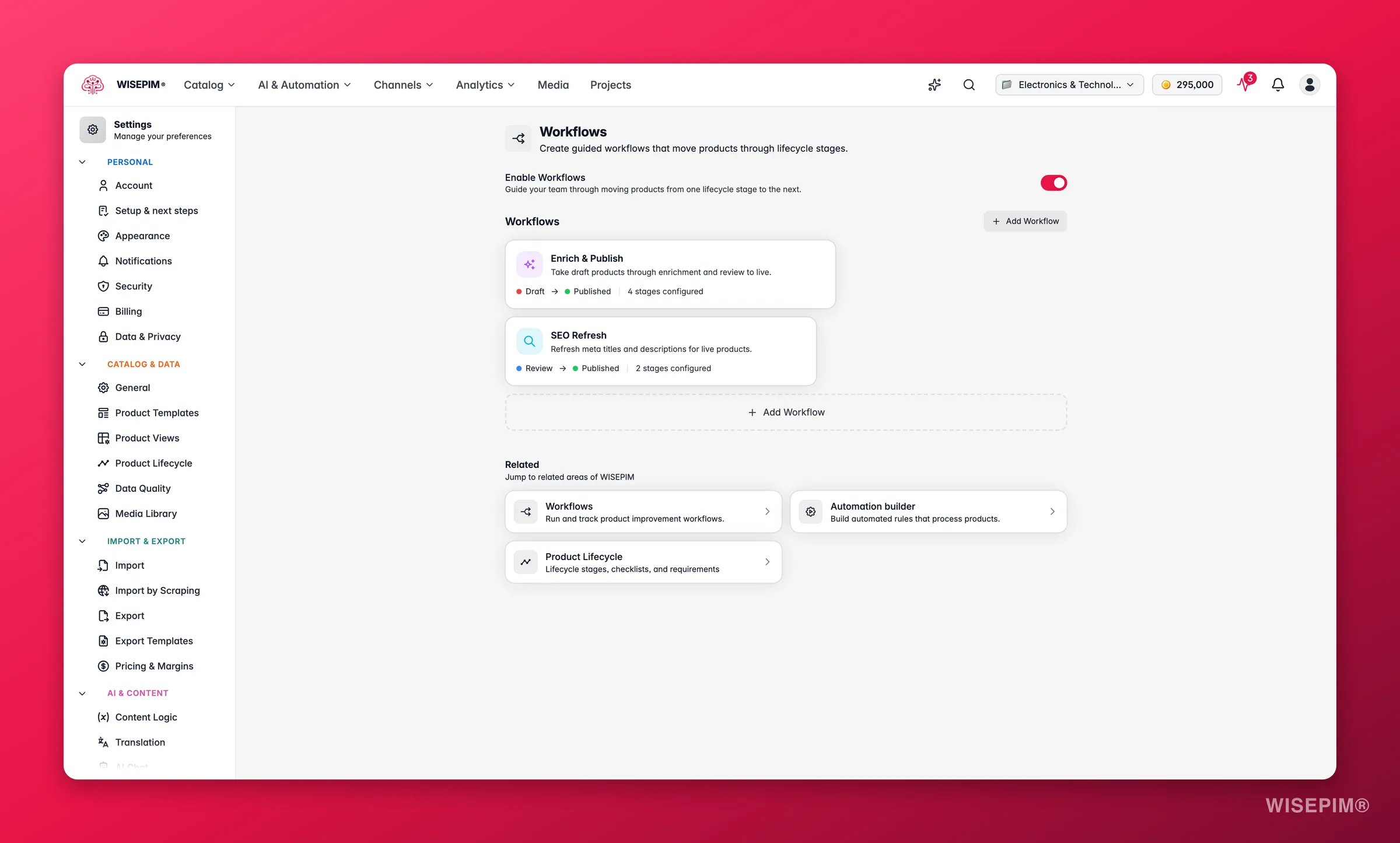 WISEPIM product workflows guiding products from draft through enrichment and review to live