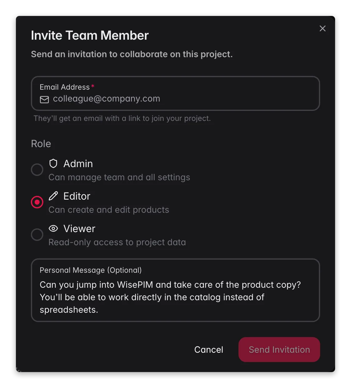 WISEPIM invite team member modal with role presets and Admin/Editor/Viewer access levels