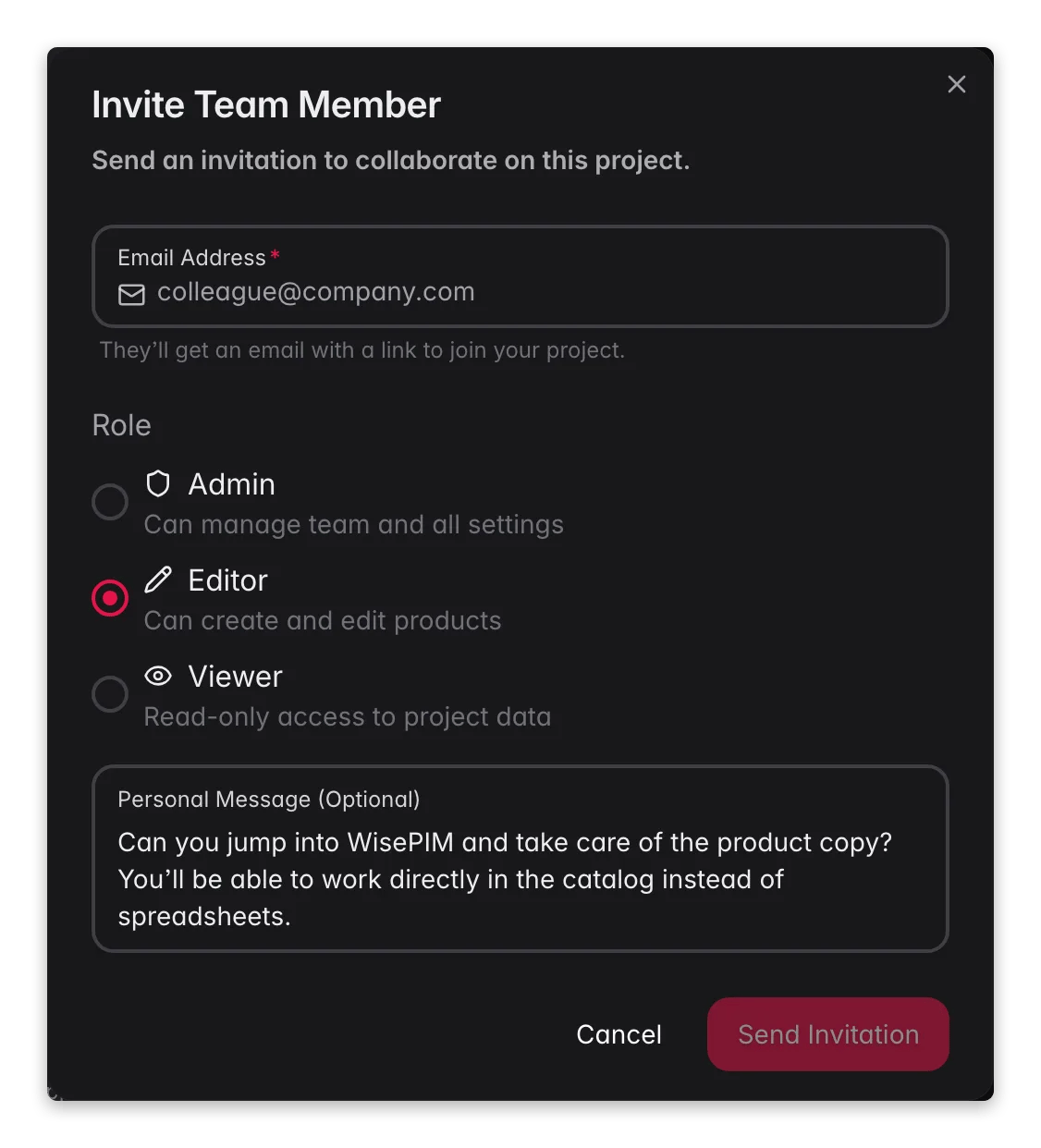 WISEPIM invite team member modal with role presets and Admin/Editor/Viewer access levels