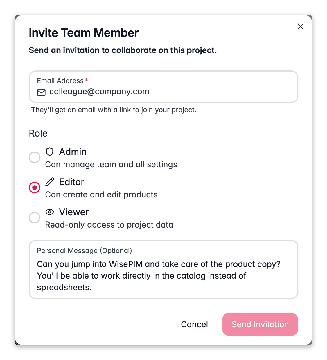 WISEPIM invite team member modal with role presets and Admin/Editor/Viewer access levels