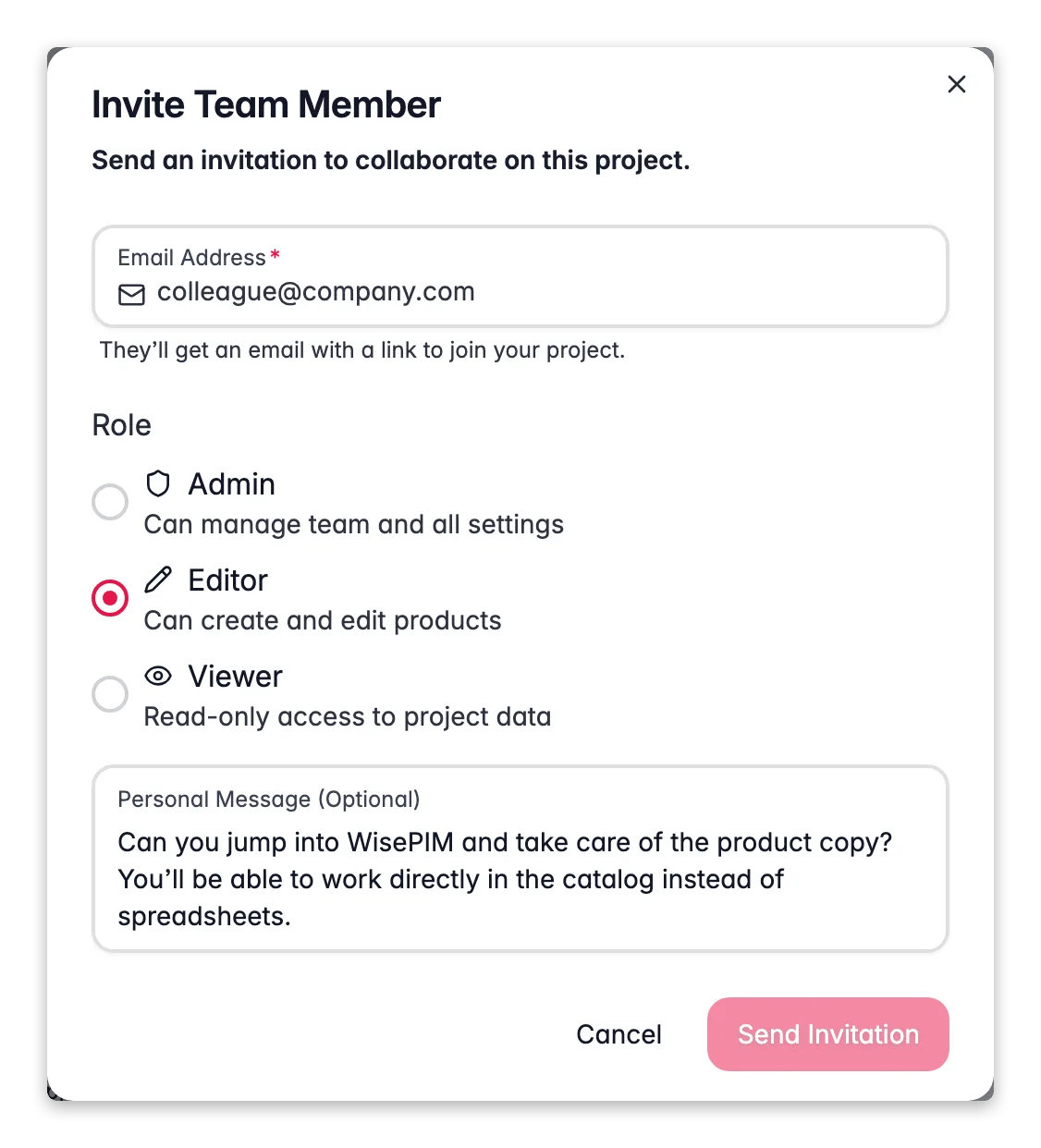 WISEPIM invite team member modal with role presets and Admin/Editor/Viewer access levels