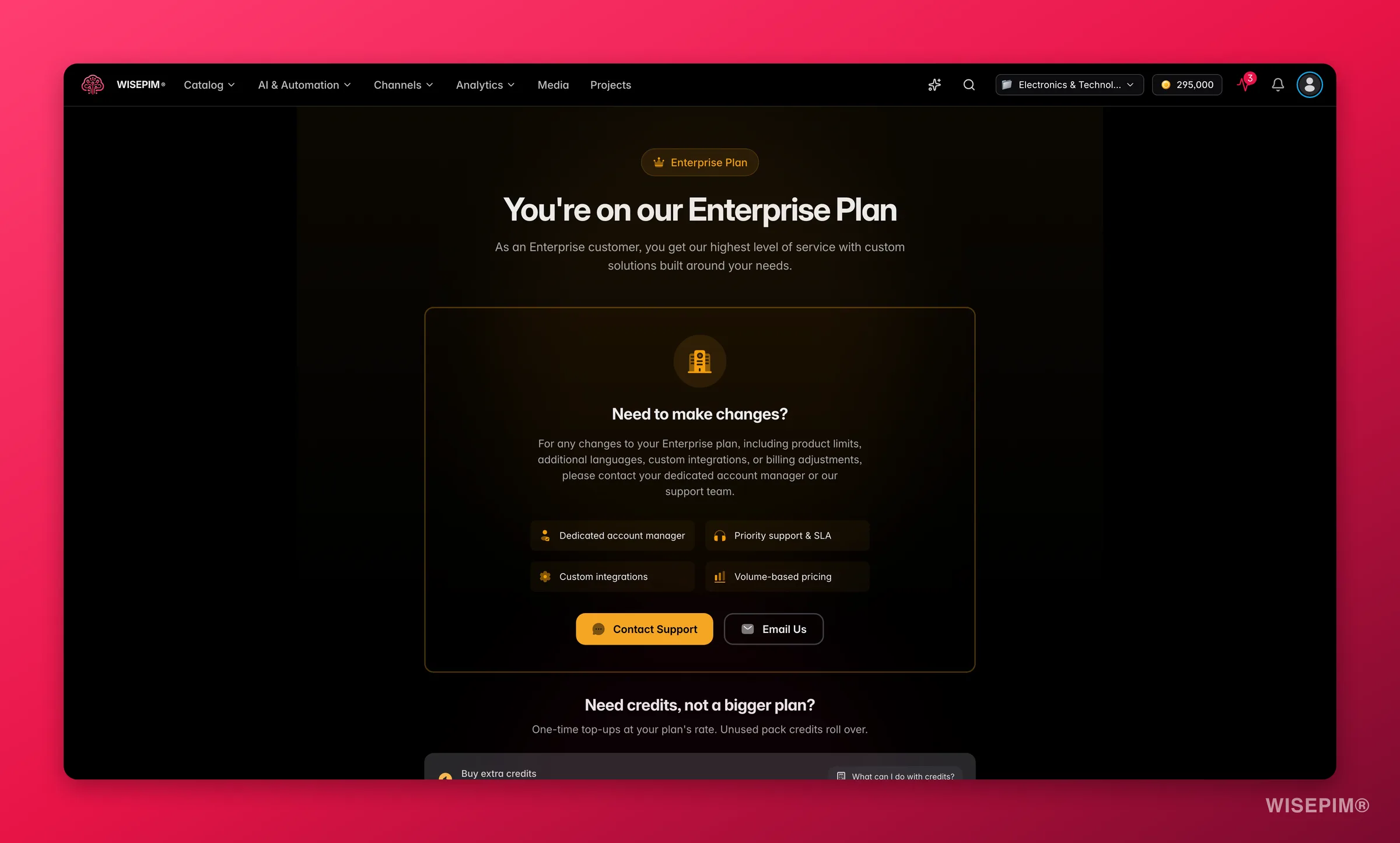 WISEPIM plan comparison and upgrade page with feature tiers